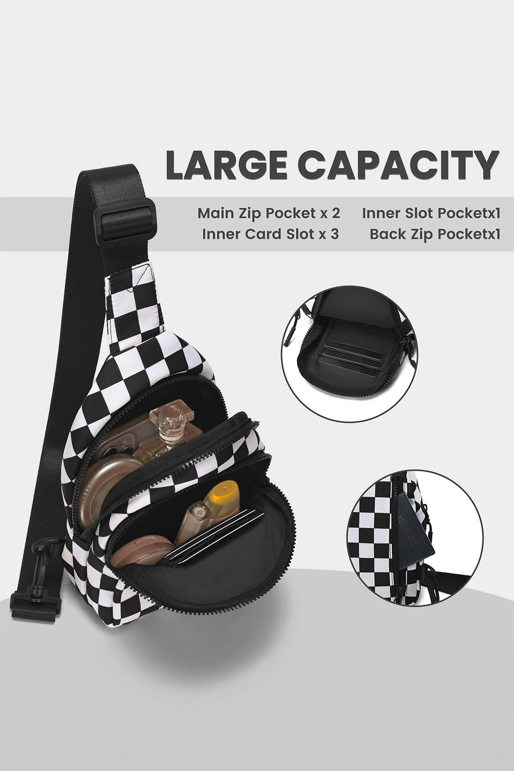 Black Checkered Print Zip Front Sling Backpack Crossbody Bag
