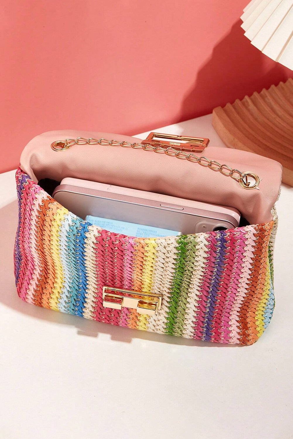 Strawberry Pink Straw Plaited Gold Chain Clasp Closure Single Shoulder Bag