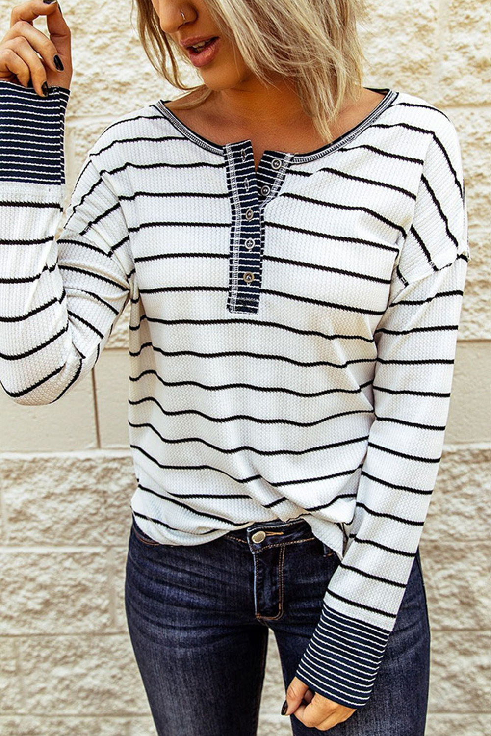 White Striped Buttoned Henley Waffle Knit Top