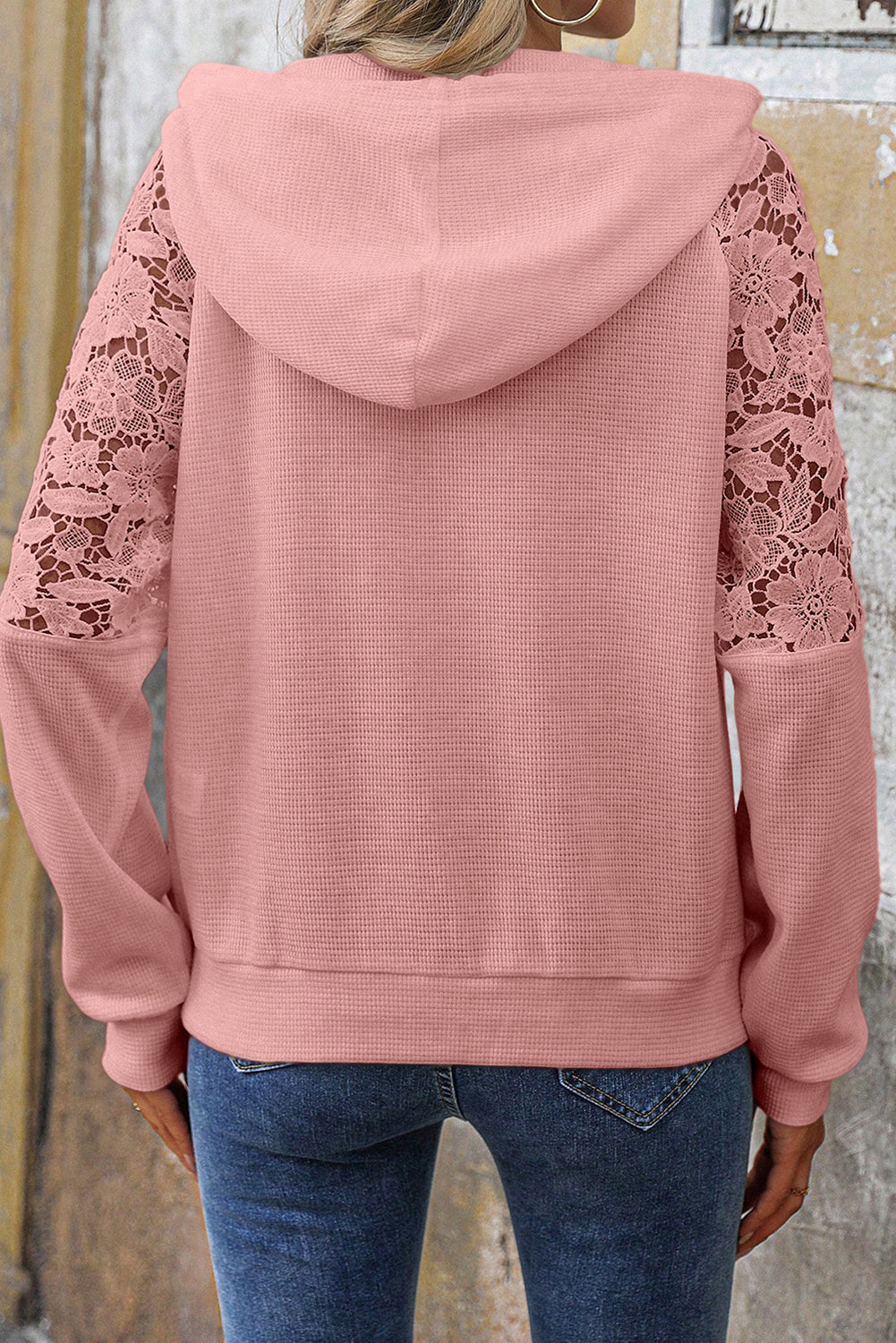 Smoke Green Lace Patchwork Raglan Sleeve Kangaroo Pocket Waffle Hoodie