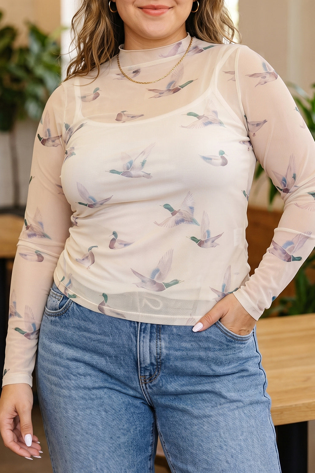 Beige Mesh Duck Print Tunic Long Sleeve Plus Size Blouse