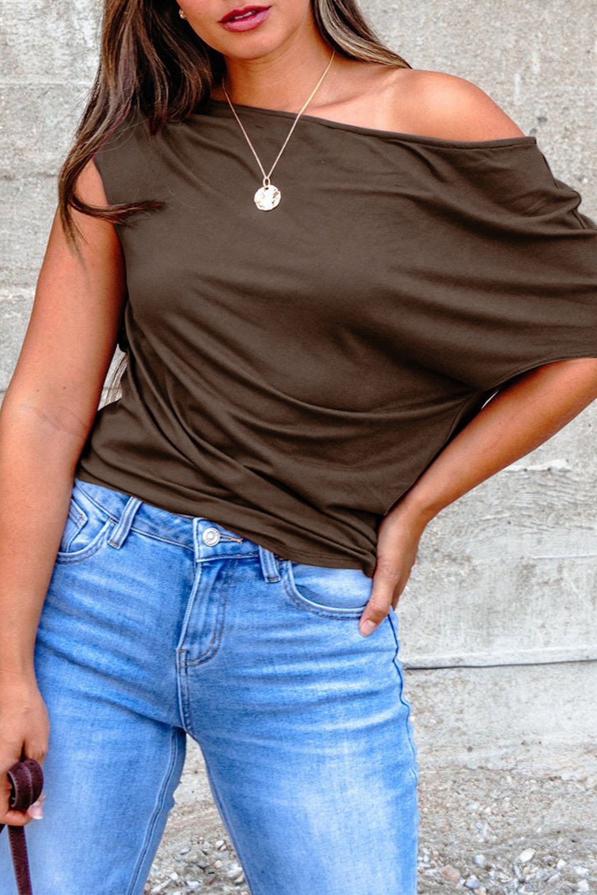 Coffee Plus Size Solid Color Asymmetric Neck Short Sleeve Blouse