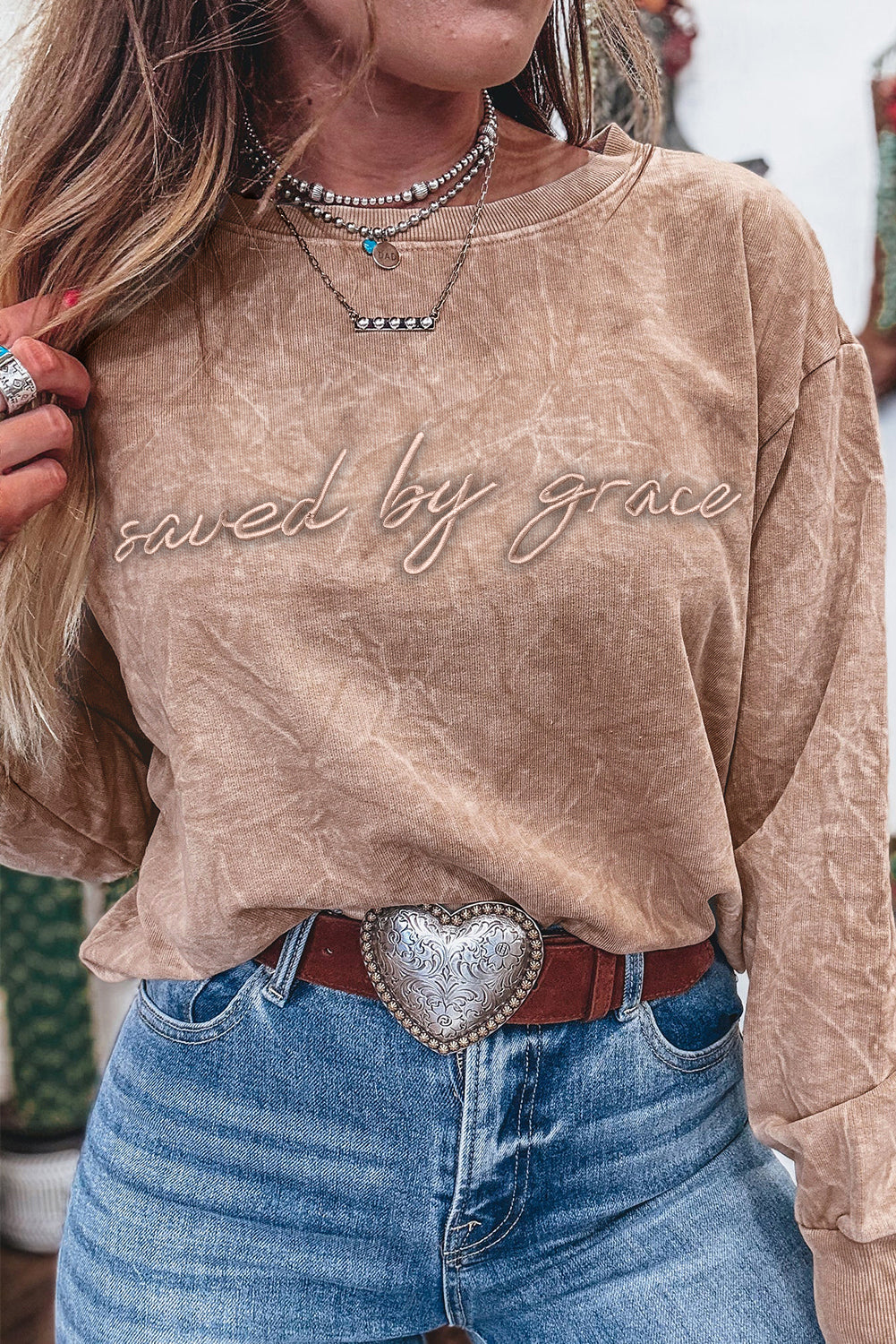 DUNE saved by grace Letter Embroidery Mineral Wash Loose Sweatshirt