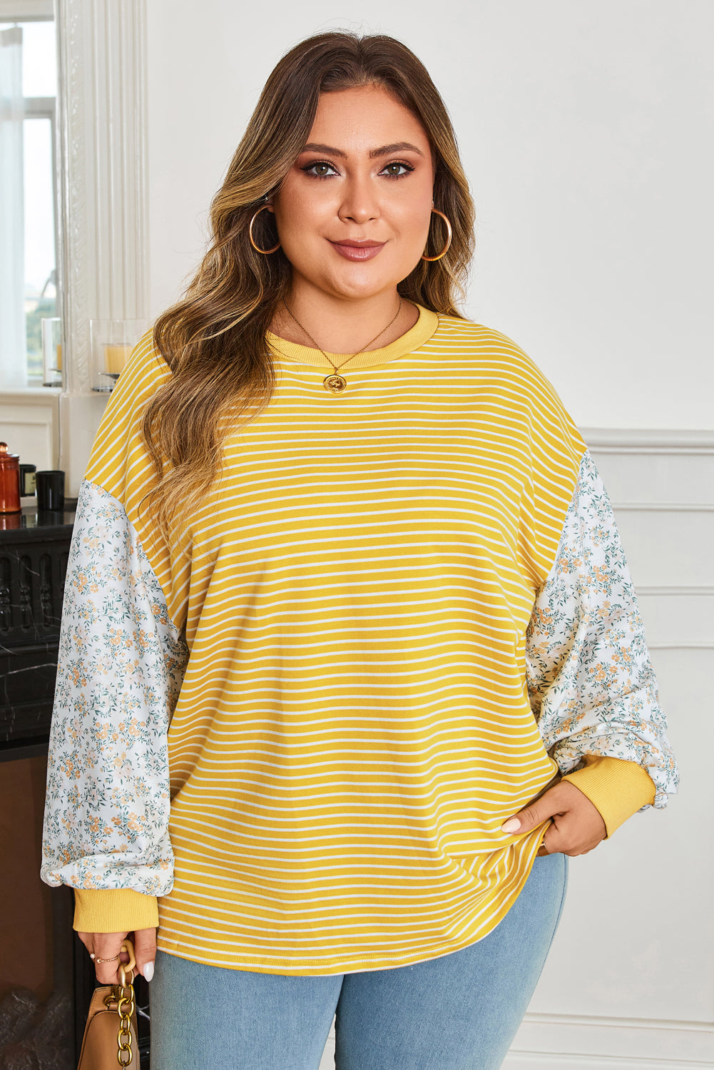 Yellow Stripe Striped Contrast Floral Sleeve Patchwork Plus Size Loose Top