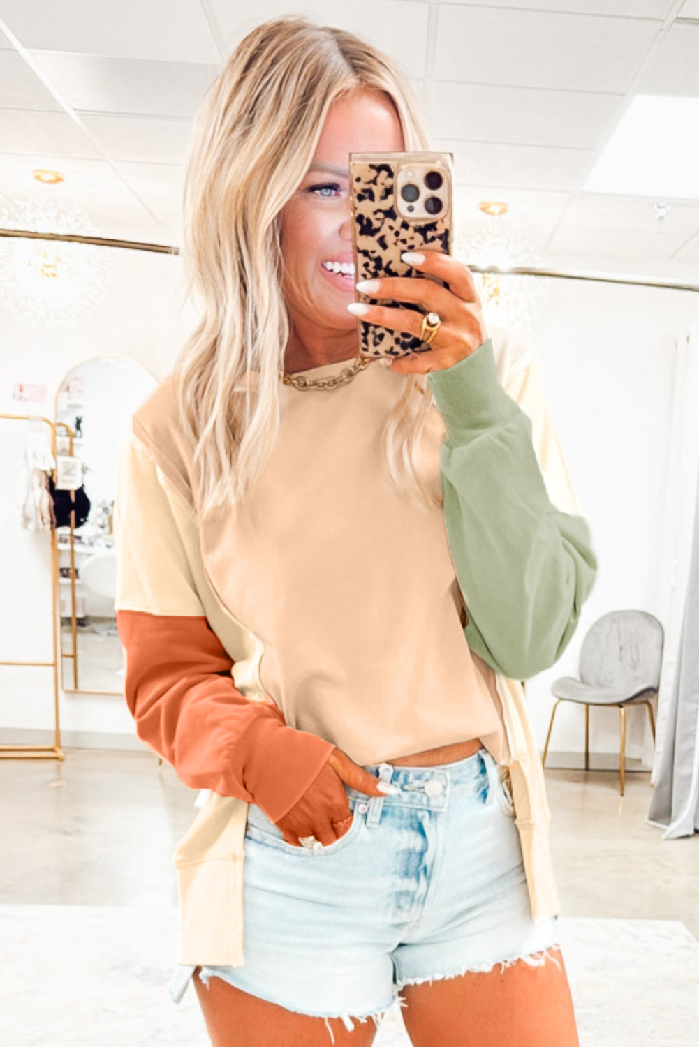 Beige Color Block Patchwork Split Hem Casual Sweatshirt