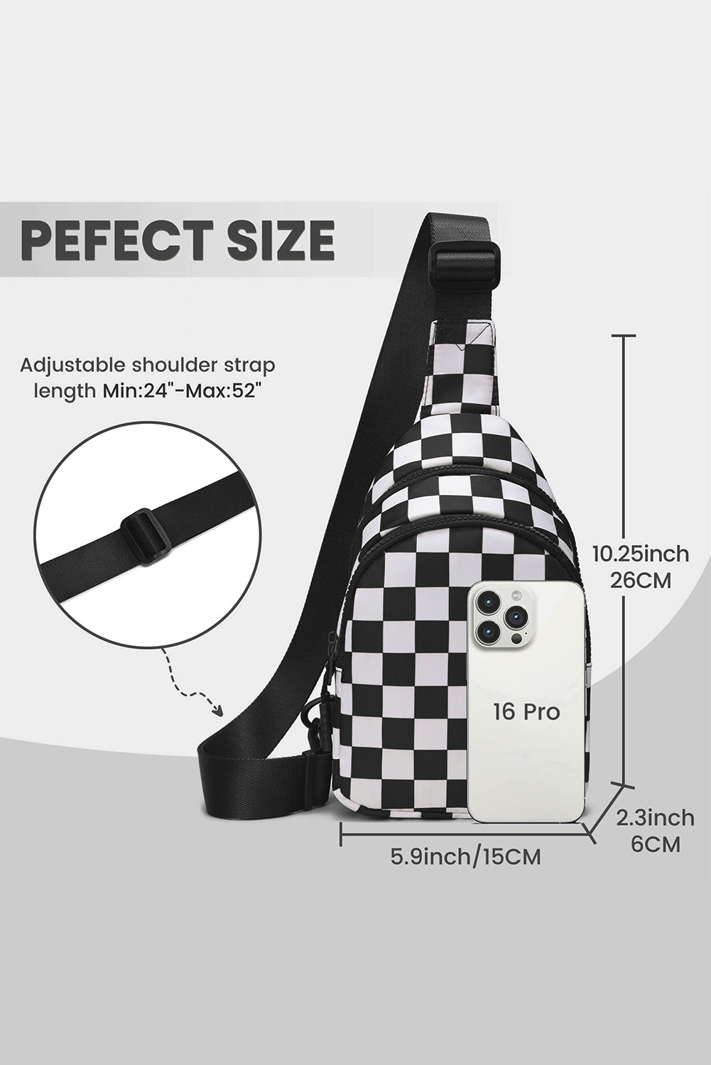 Black Checkered Print Zip Front Sling Backpack Crossbody Bag
