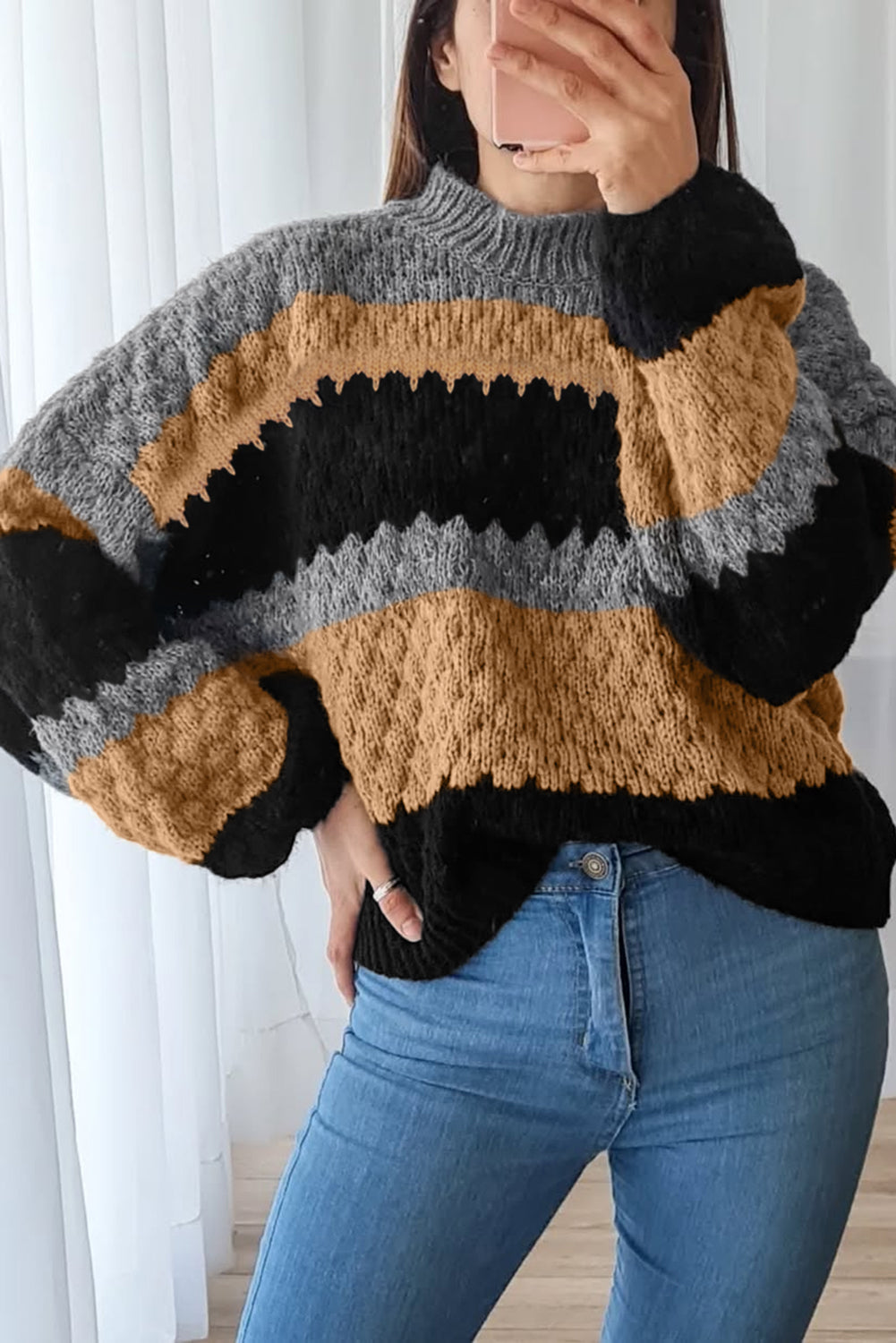 Khaki Color Block High Neck Baggy Sweater