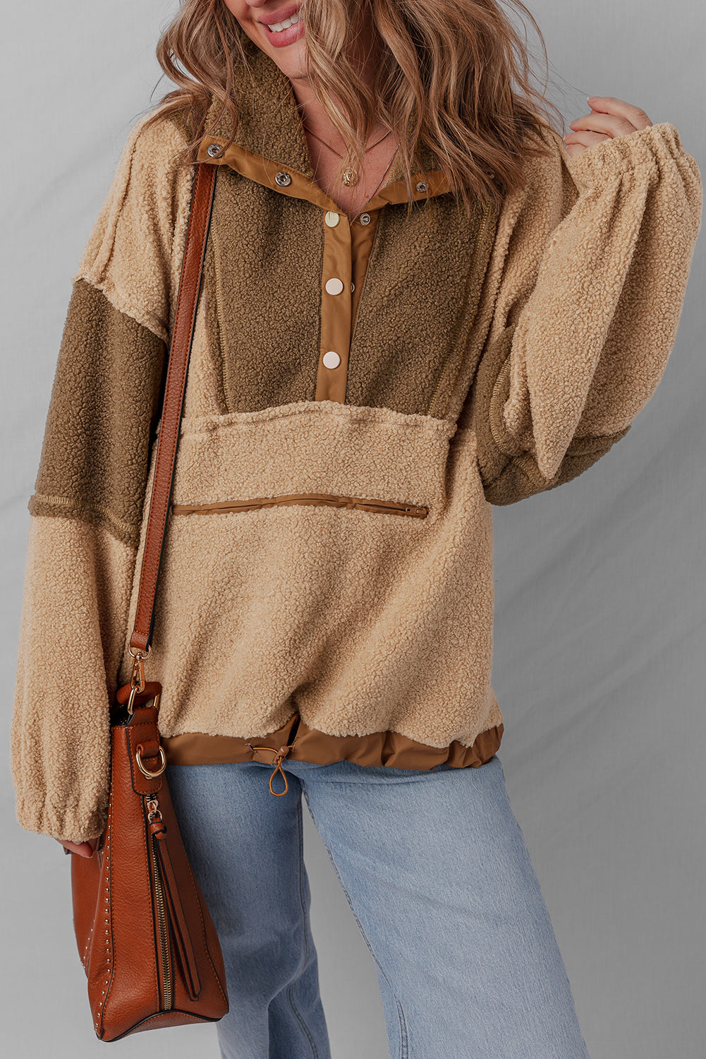 Straw Yellow 2-tone Color Block Patchwork Half Button Sherpa Sweatshirt