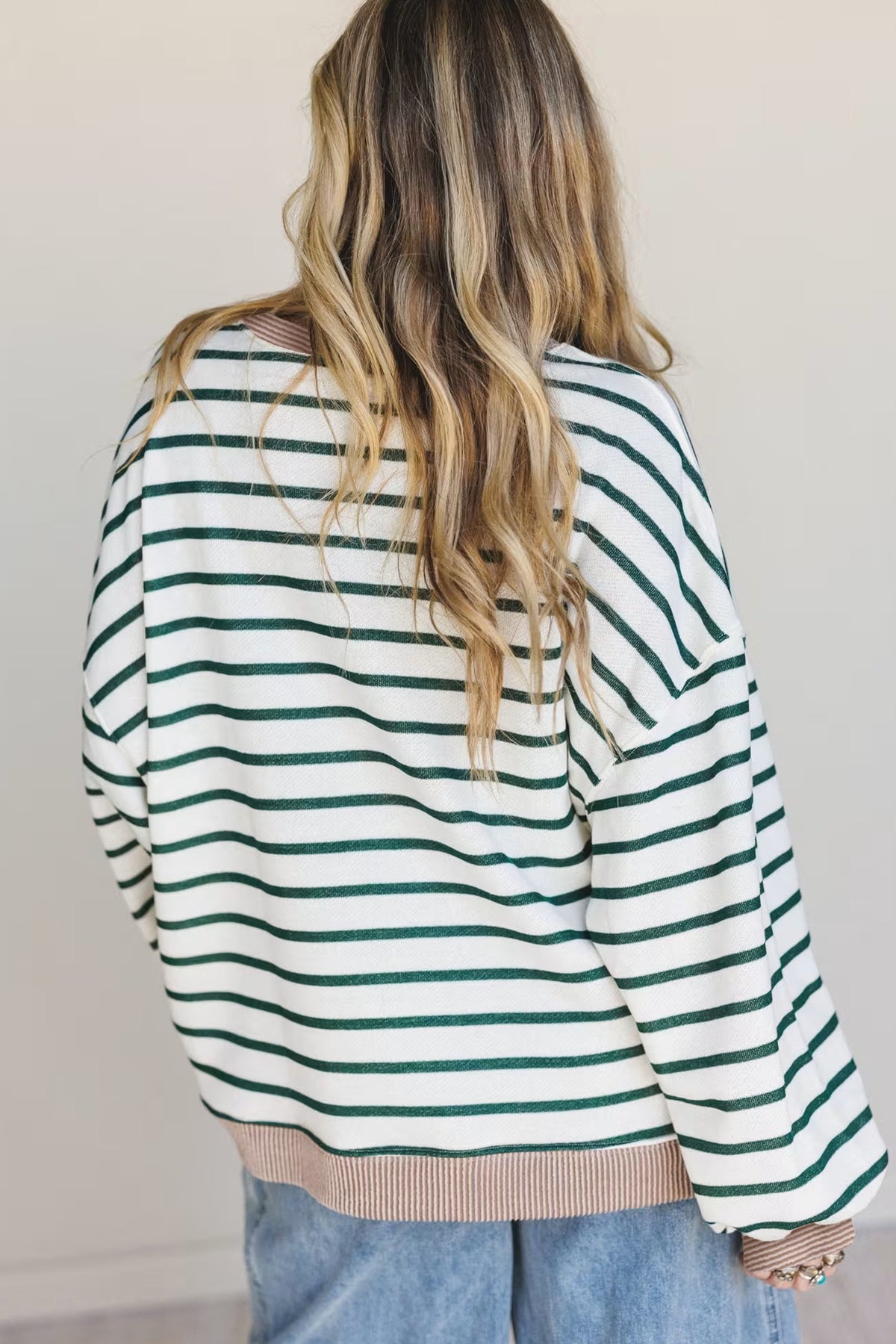 White Stripe Twisted Ribbed Patchwork Drop Shoulder Round Neck Sweatshirt