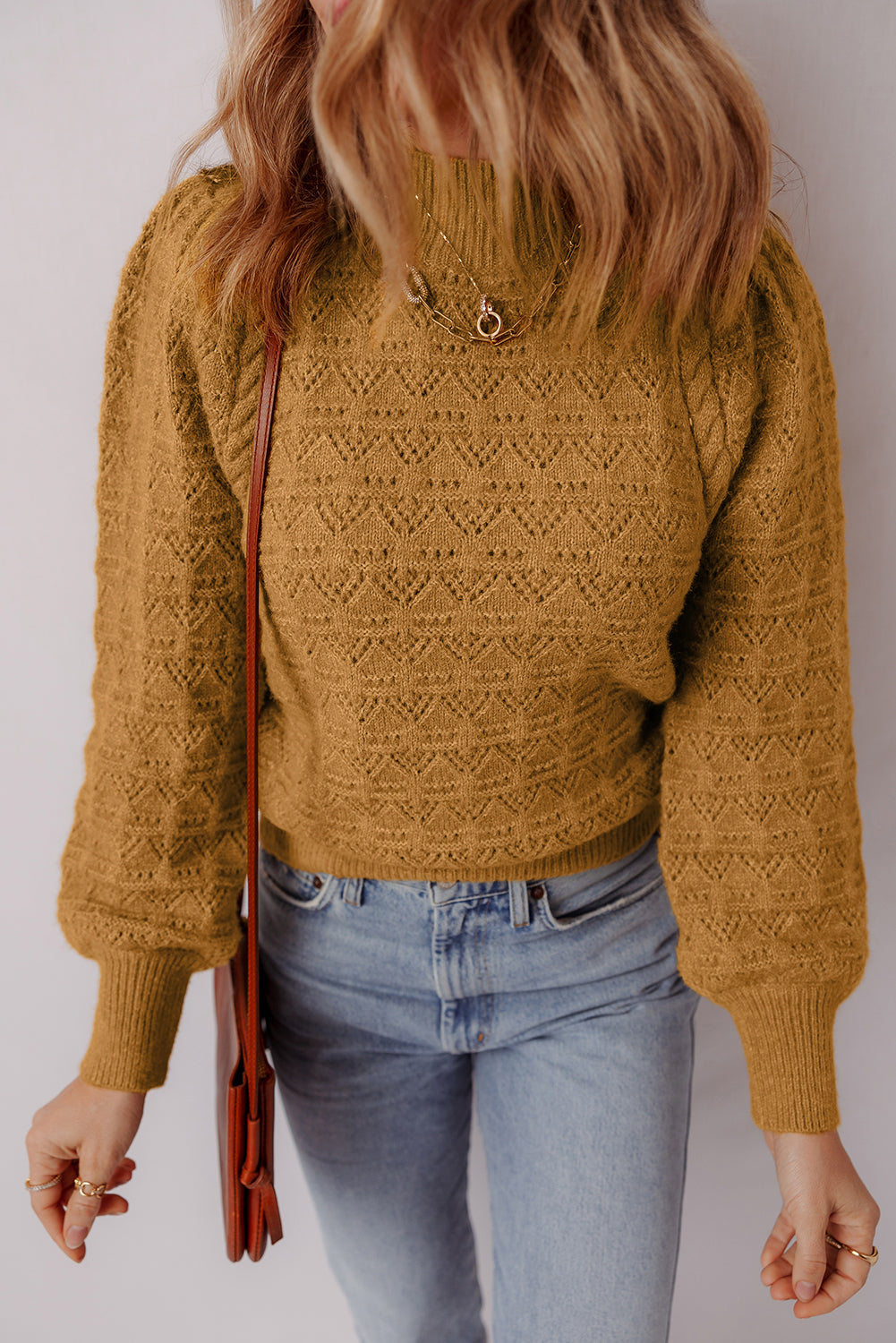 Jurassic Gold Hollow Out Crochet Ribbed Edge Balloon Sleeve Sweater