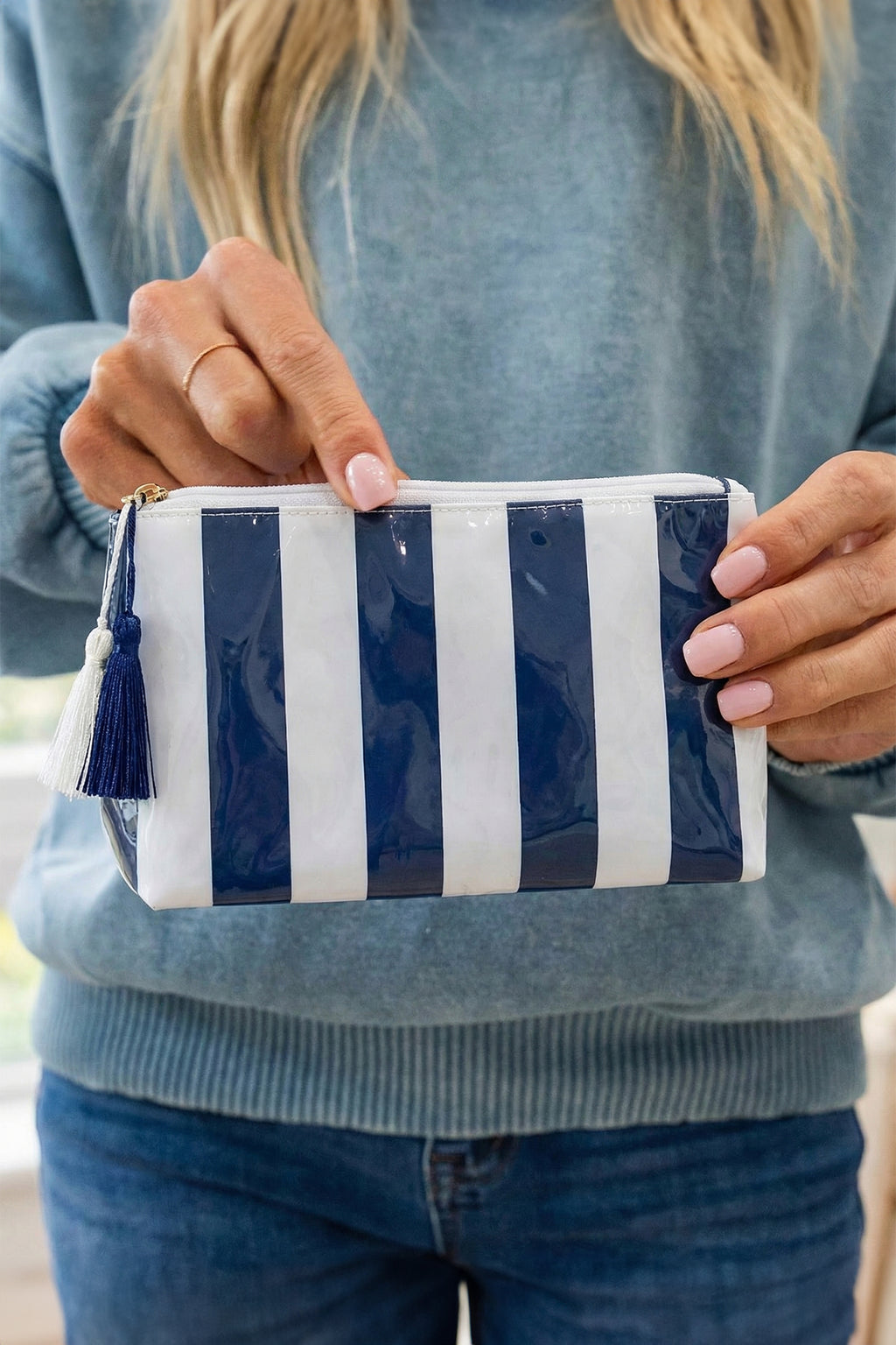 Navy Blue Striped Vinyl Waterproof Tassel Zipper Makeup Bag
