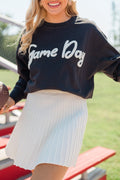 Black Chenille Game Day Graphic Drop Shoulder Sweatshirt