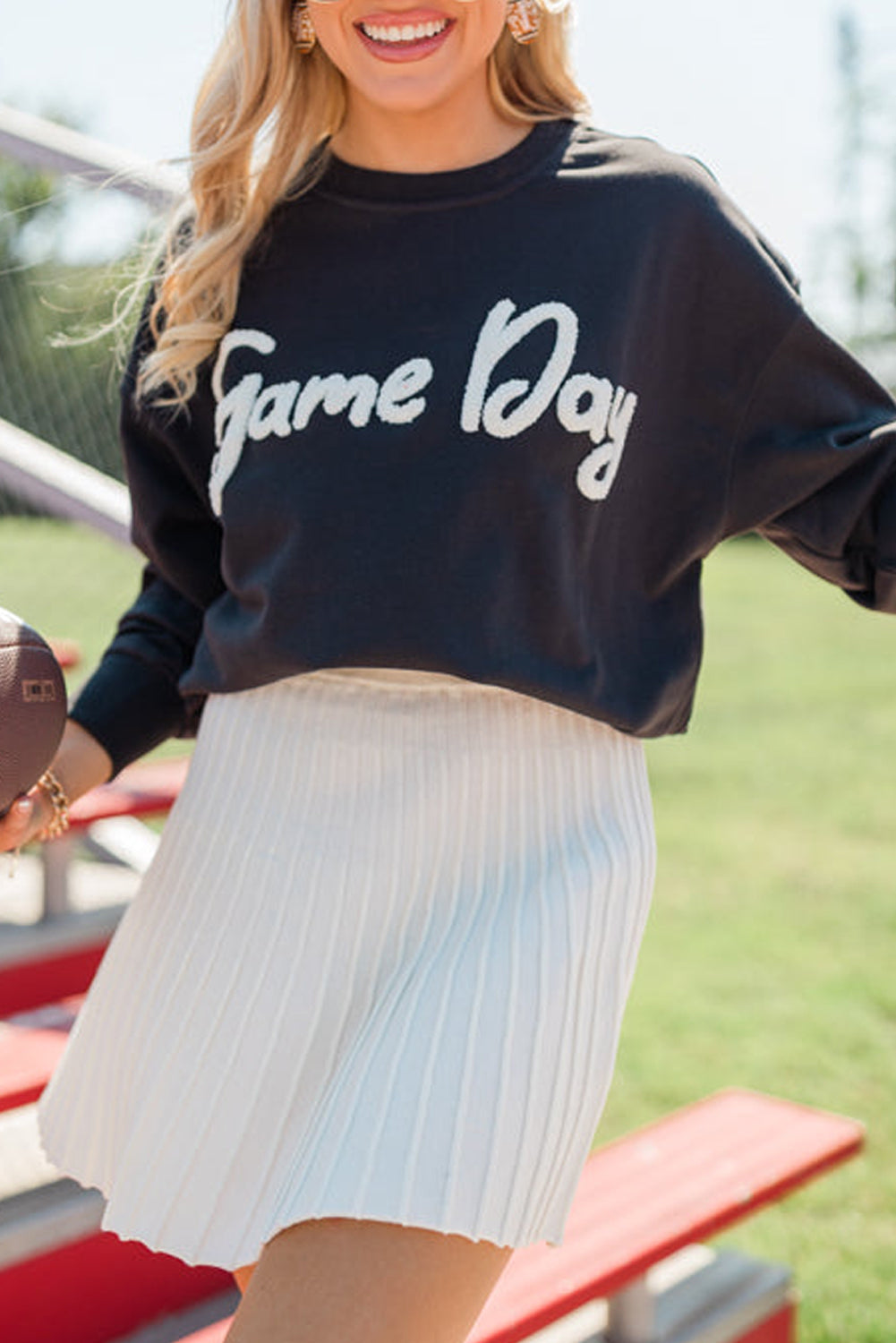 Black Chenille Game Day Graphic Drop Shoulder Sweatshirt