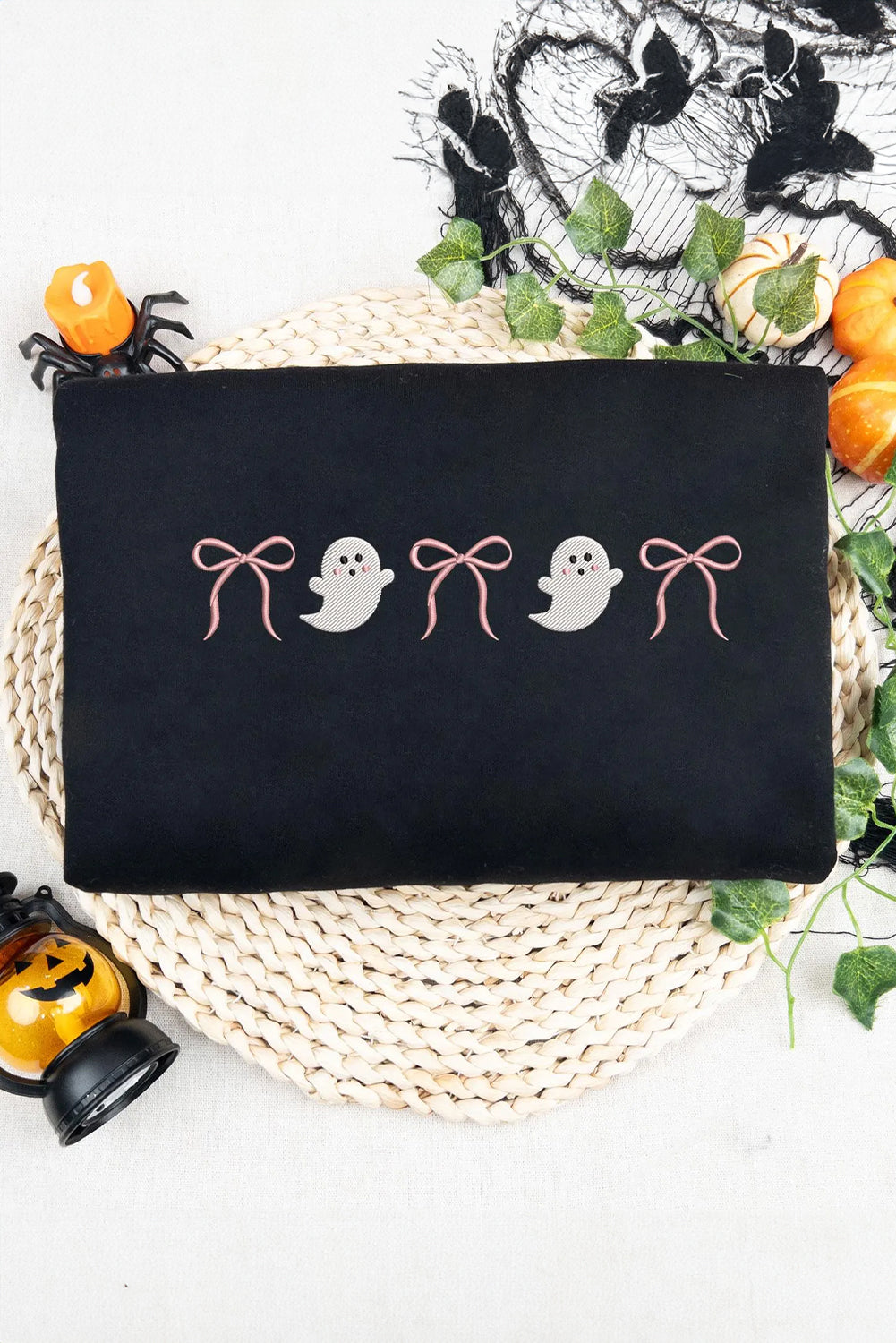 Black Halloween Ghost Bow Embroidered Loose T Shirt