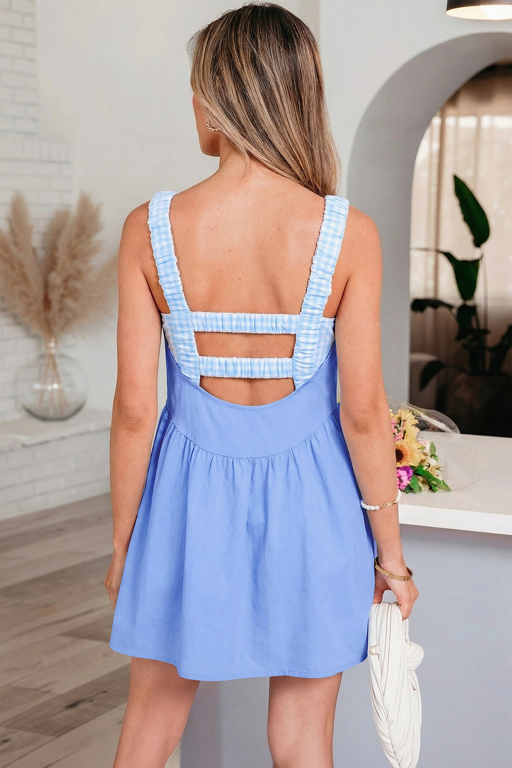 White Faux Two Piece Gingham Contrast Patchwork Loose Mini Dress