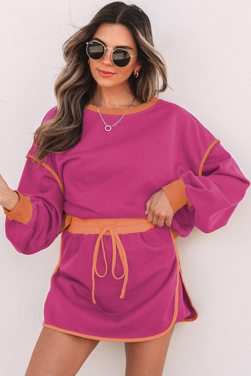 Coffee Color Contrast Loose Pullover and Lace-up Waist Skort Set