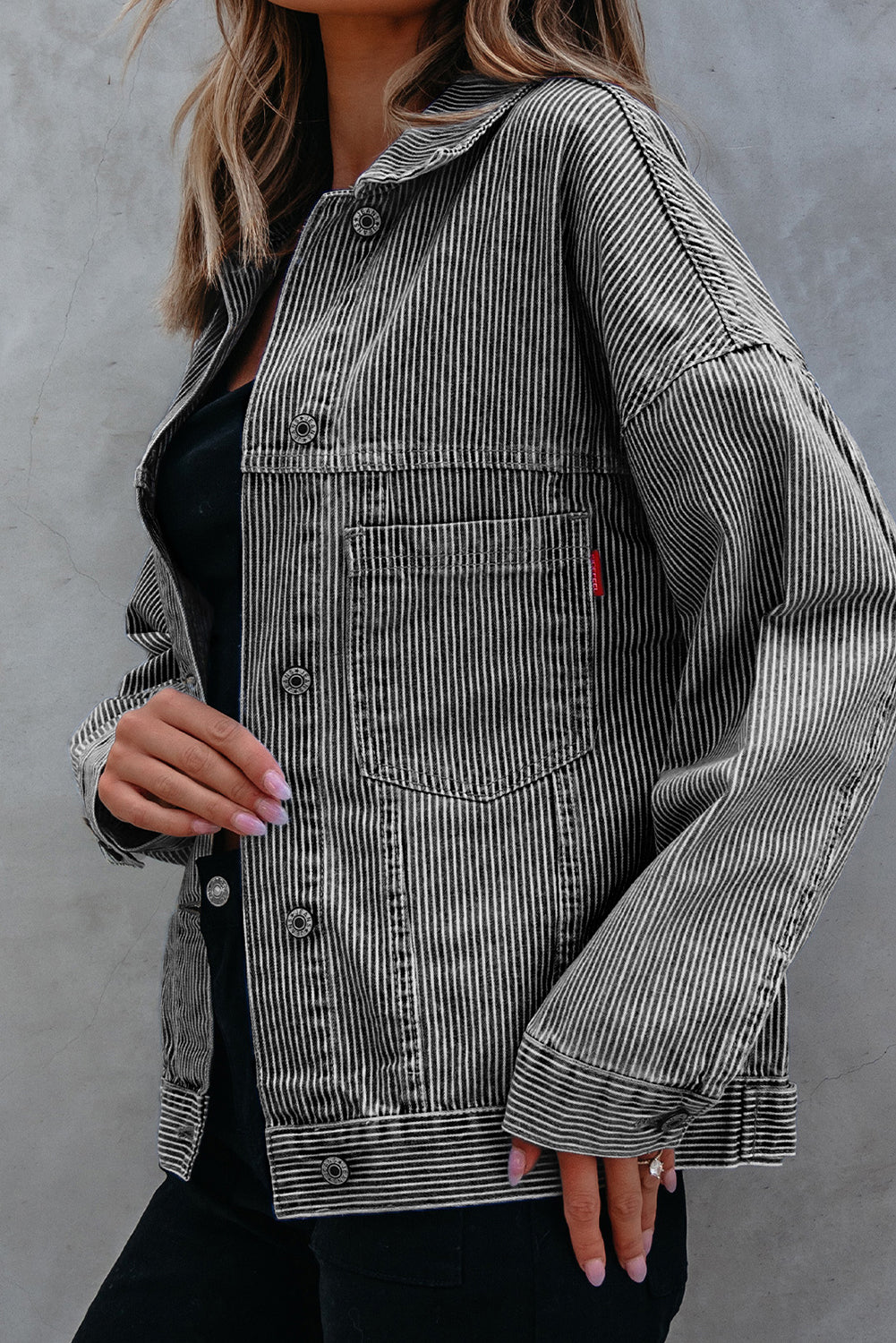 Black Washed Oversize Pocketed Denim Jacket