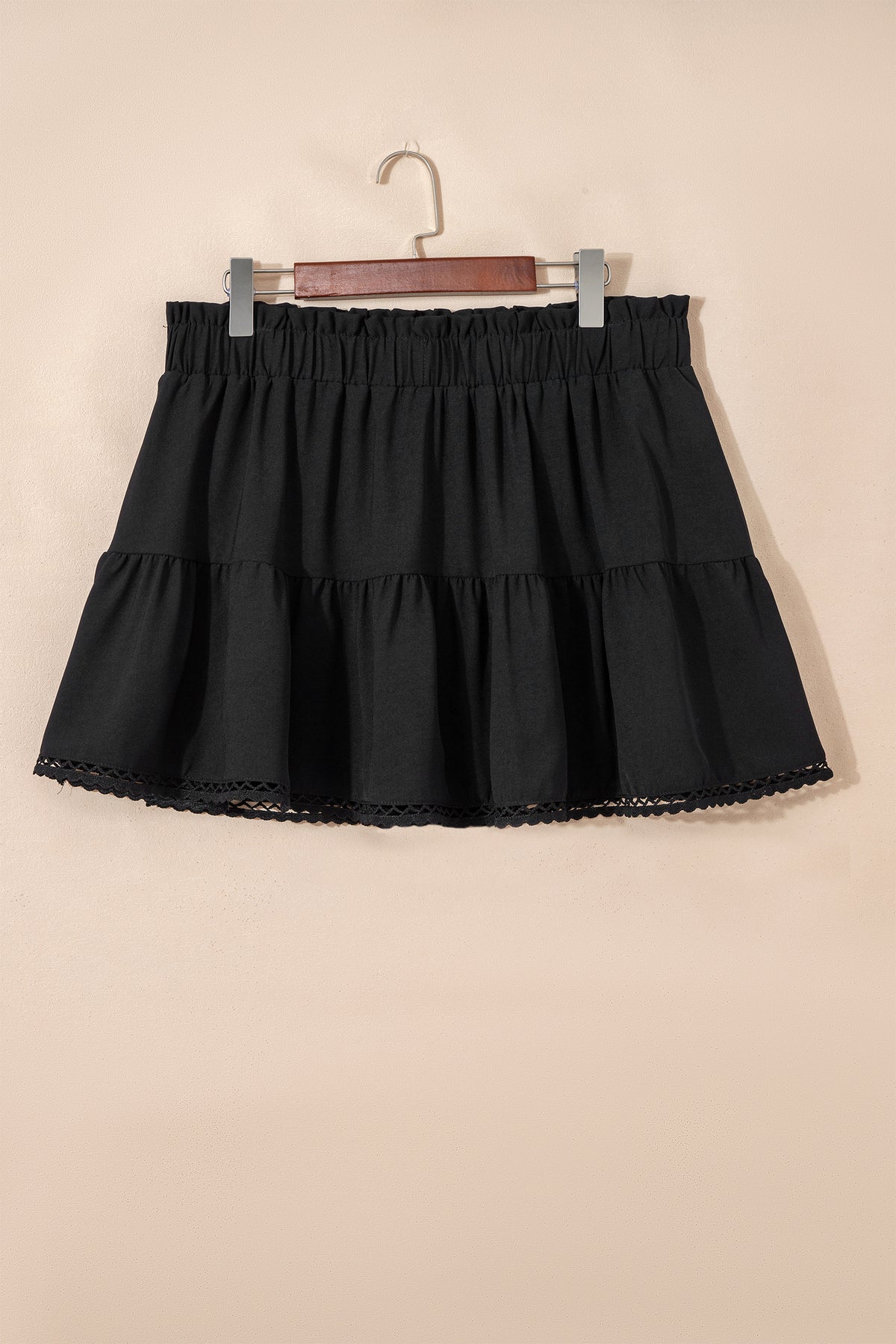 Rose Red Plus Size Frilled Elastic Waist Lace Trim Boho Ruffled Shorts