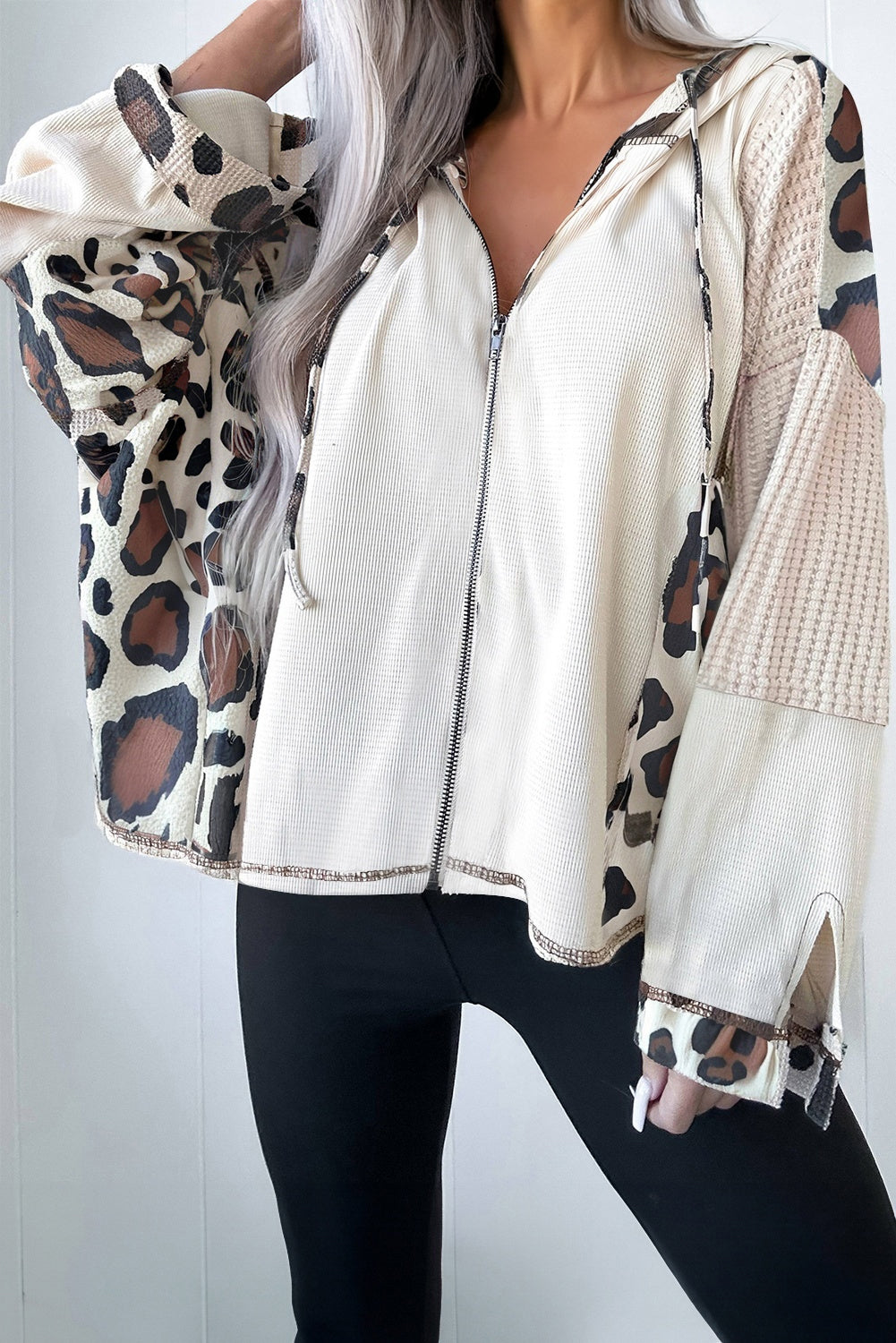 Apricot Oversized Leopard Contrast Mixed Texture Patchwork Zip Up Drop Shoulder Hoodie