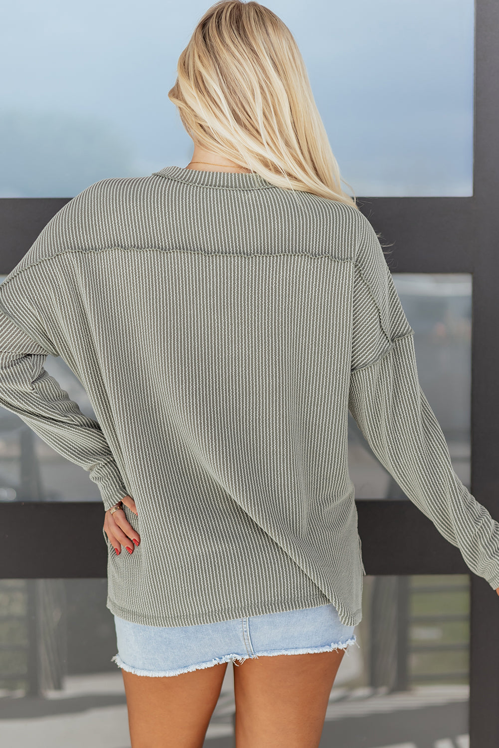 Black Twist Ribbed Exposed Seam Detail Long Sleeve Loose Top