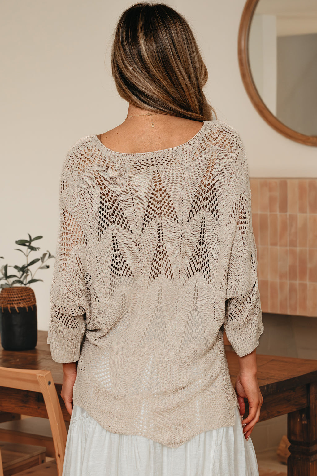 Seagrass Hollow Out Knit 7/8 Sleeve Casual Sweater