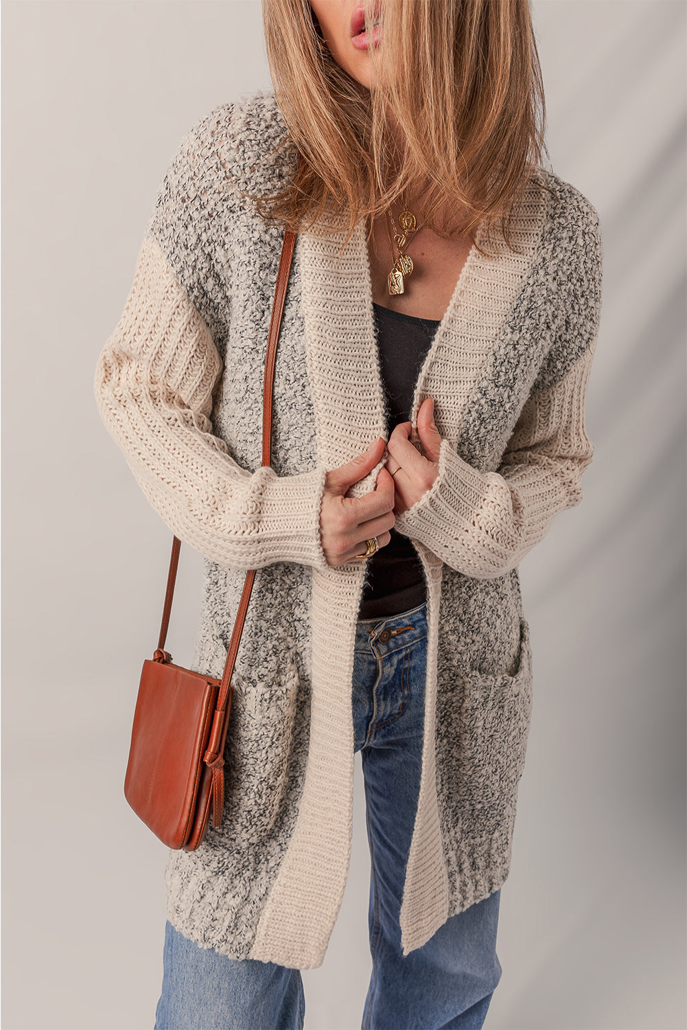 Color Block Side Pockets Open Front Cardigan