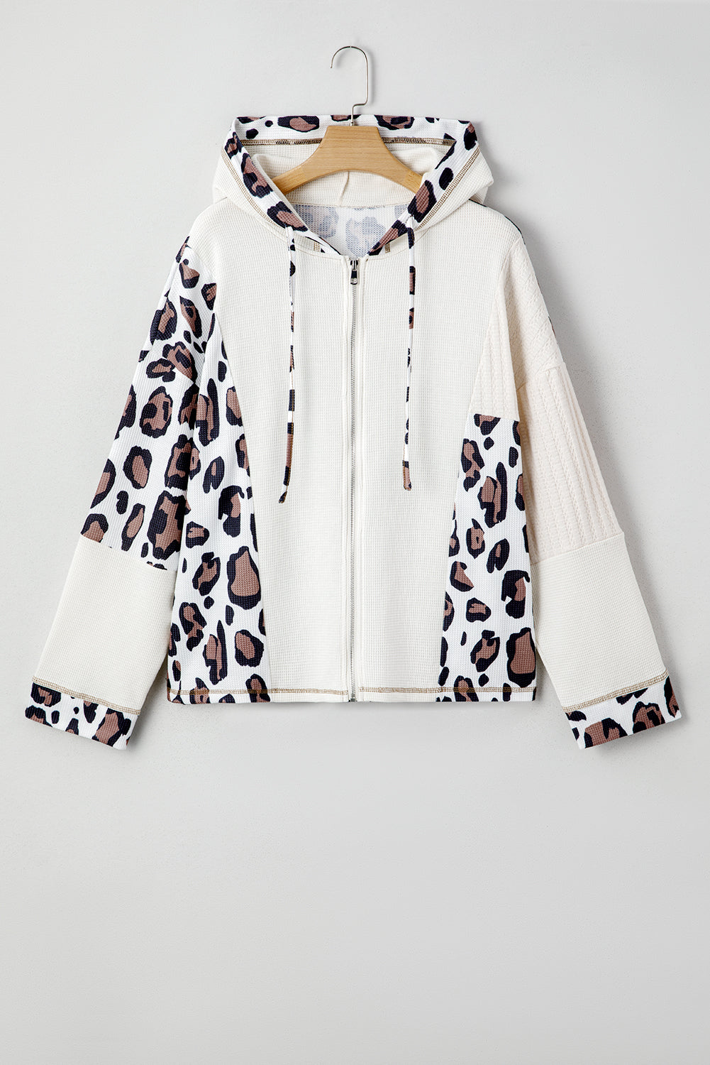 Apricot Oversized Leopard Contrast Mixed Texture Patchwork Zip Up Drop Shoulder Hoodie