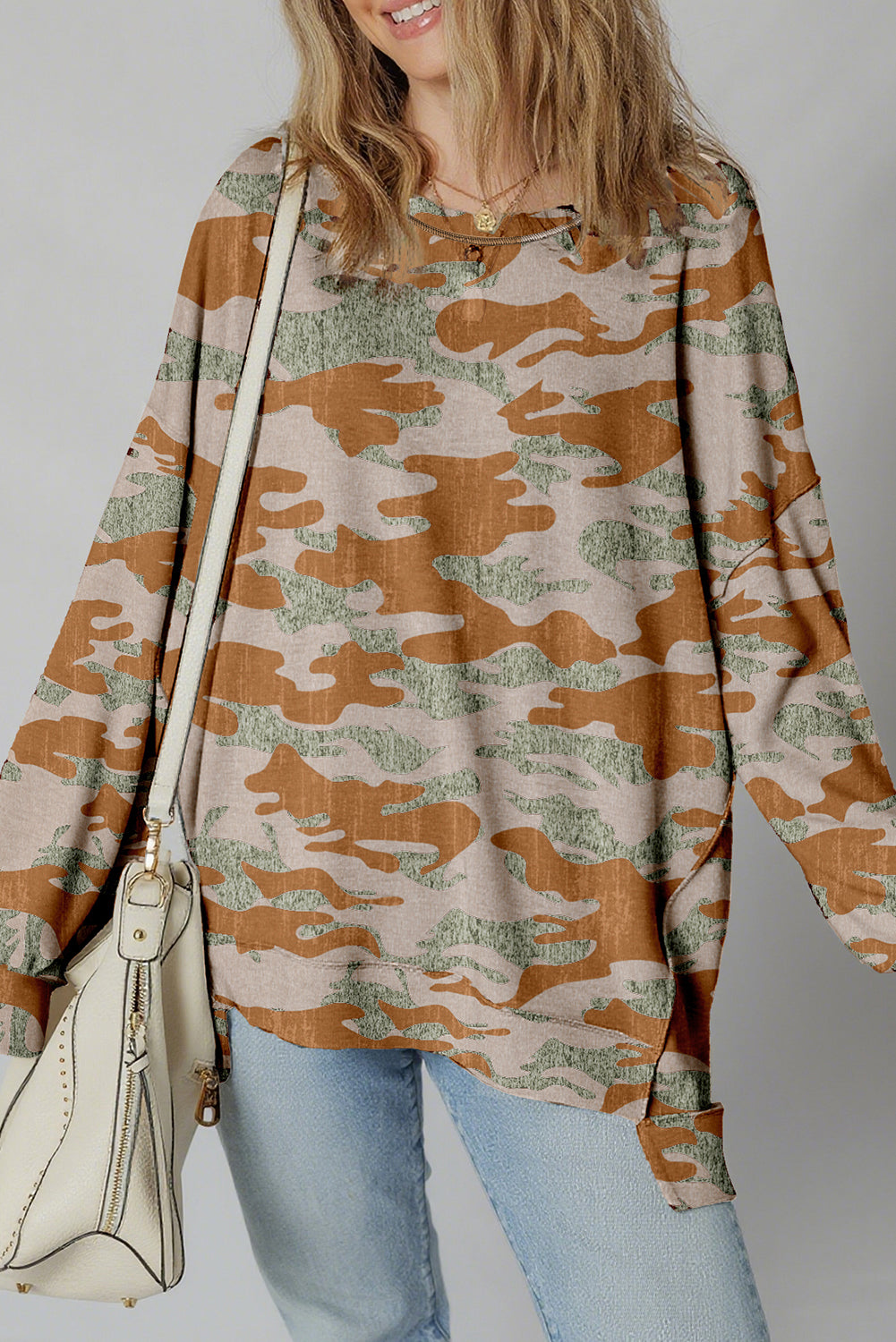 Dearlove Multicolour Retro Camouflage Print Exposed Seam Patchwork Drop Shoulder Sweatshirt