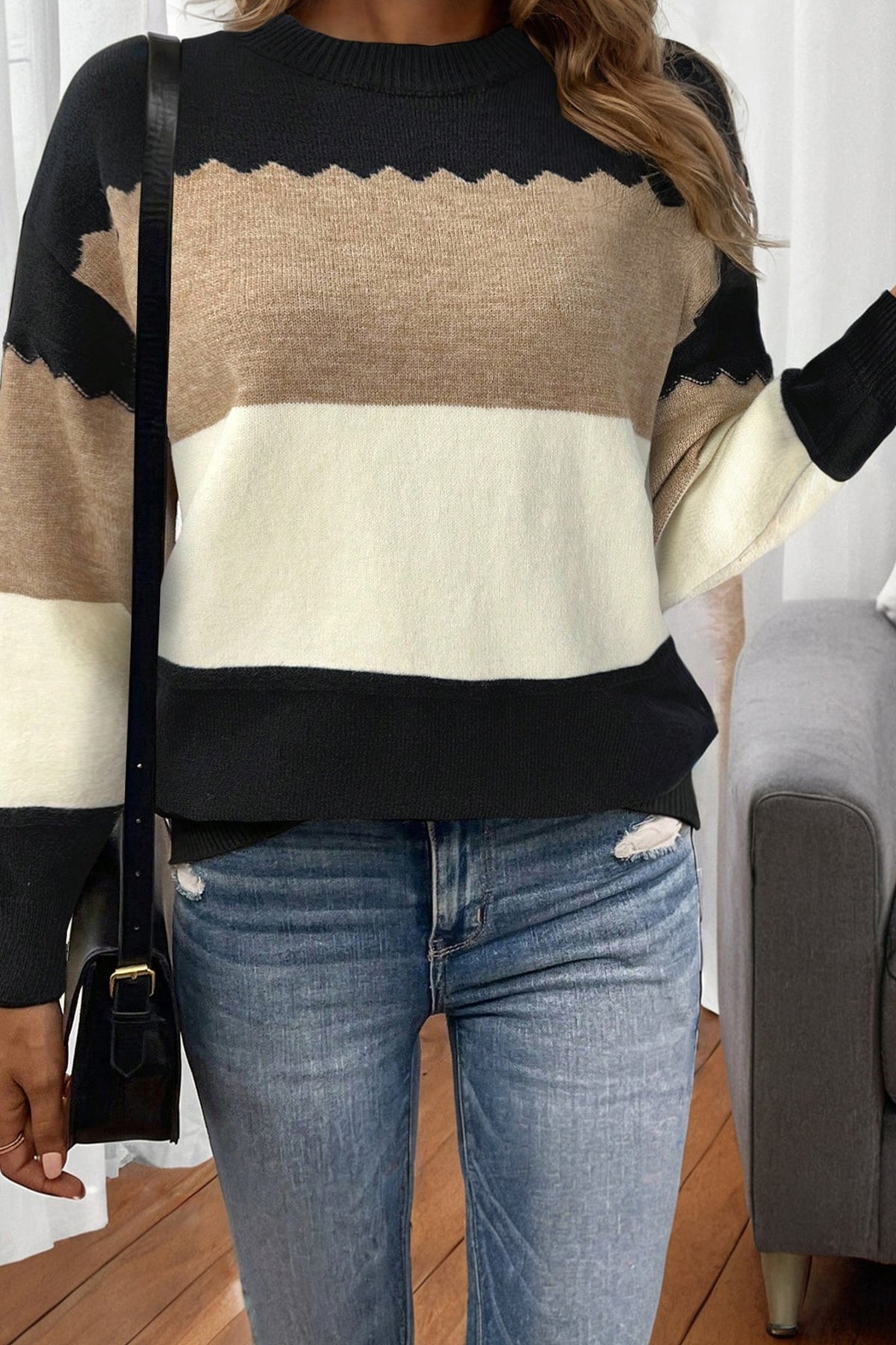 Black Colorblock Crew Neck Drop Shoulder Sweater