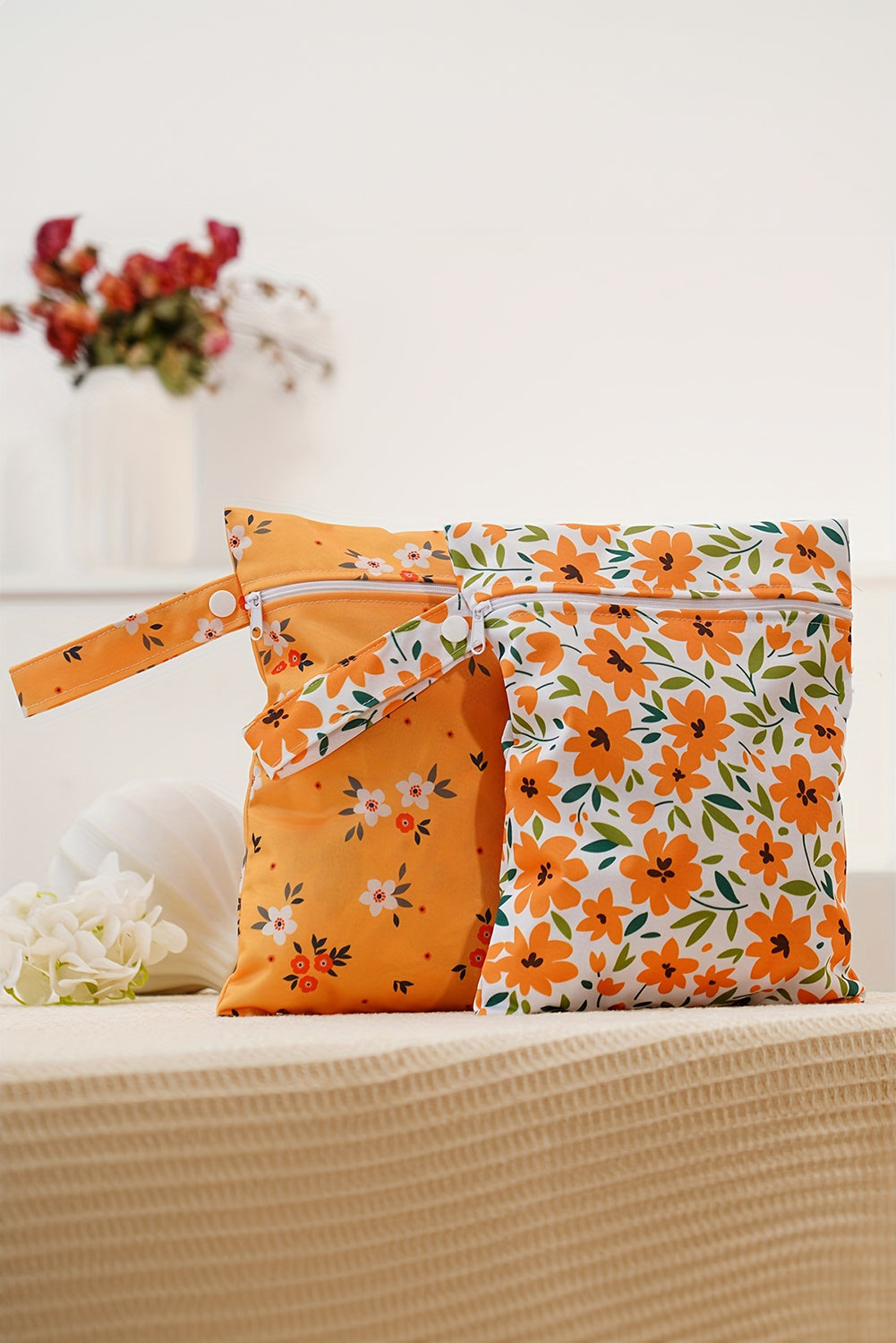 Russet Orange 2pcs Floral Print Zip Canvas Bag
