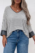 Gray Stripe Ruffled Bracelet Sleeve V Neck Plus Size Top