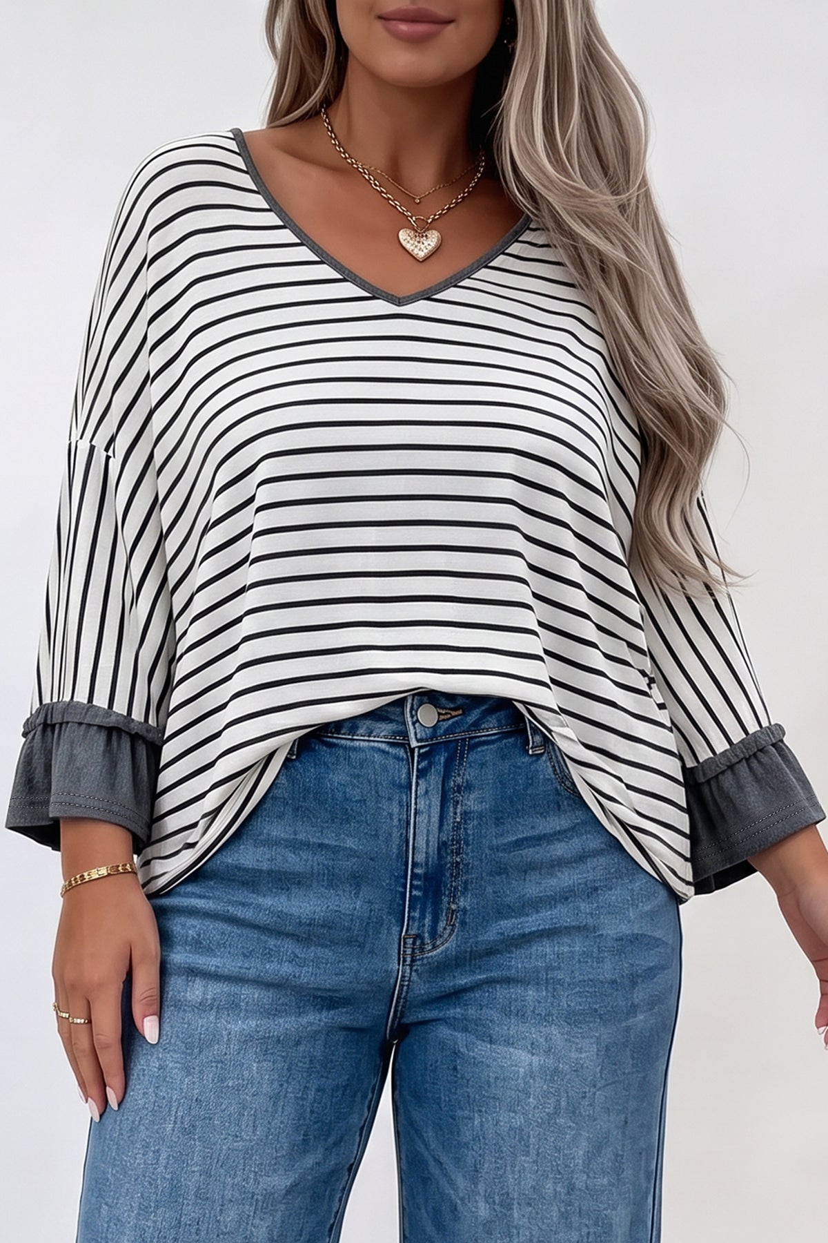 Gray Stripe Ruffled Bracelet Sleeve V Neck Plus Size Top