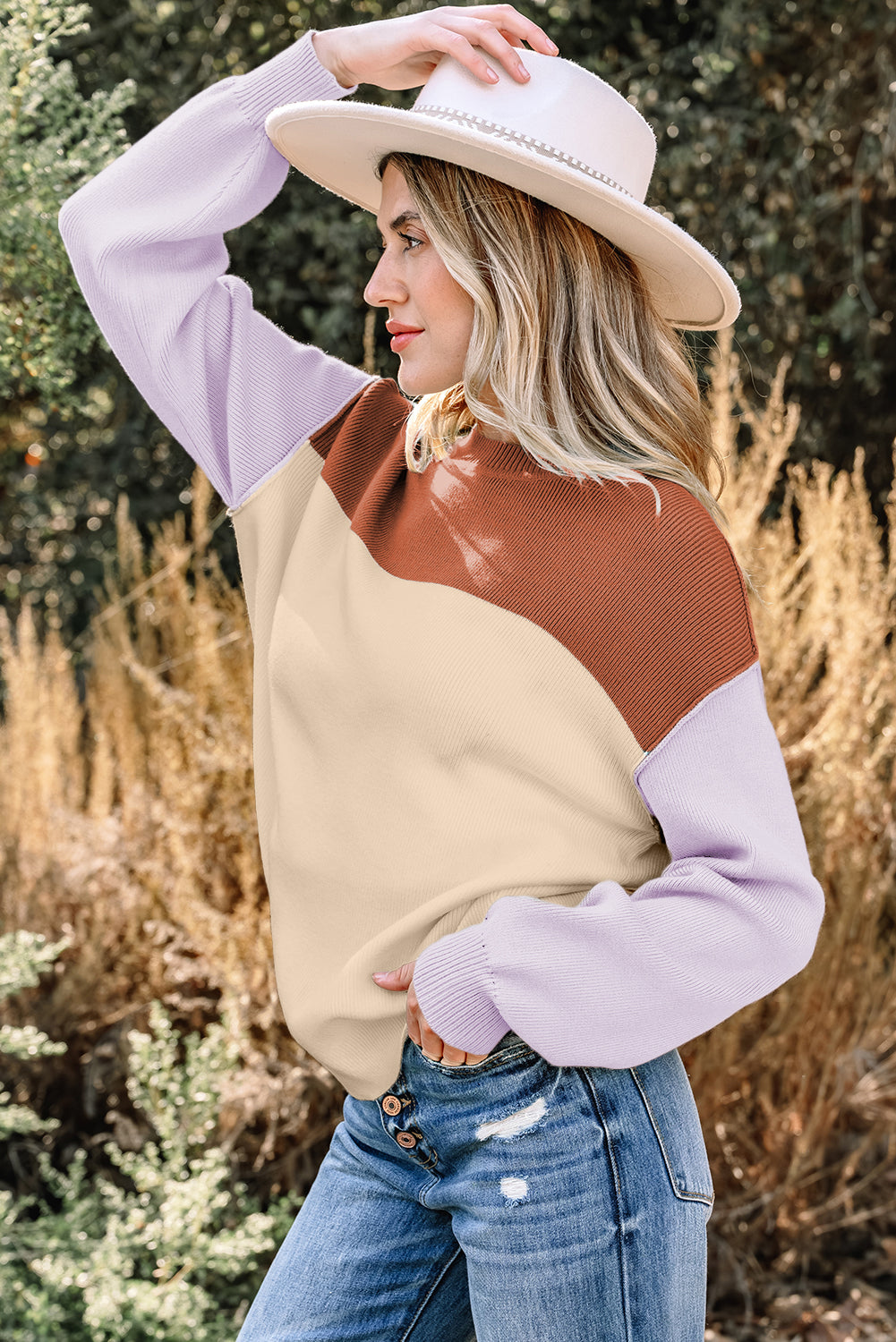 Green Color Block Plain Ribbed Knit Baggy Sweater