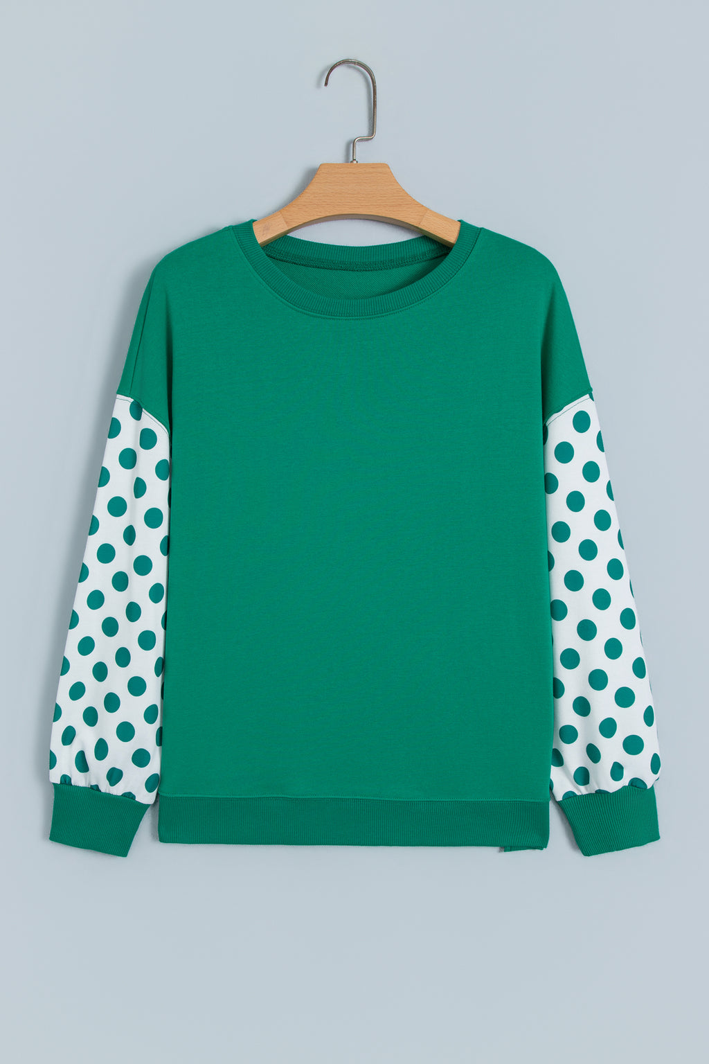 Khaki Polka Dot Patchwork Sleeve Crew Neck Loose Pullover Sweatshirt