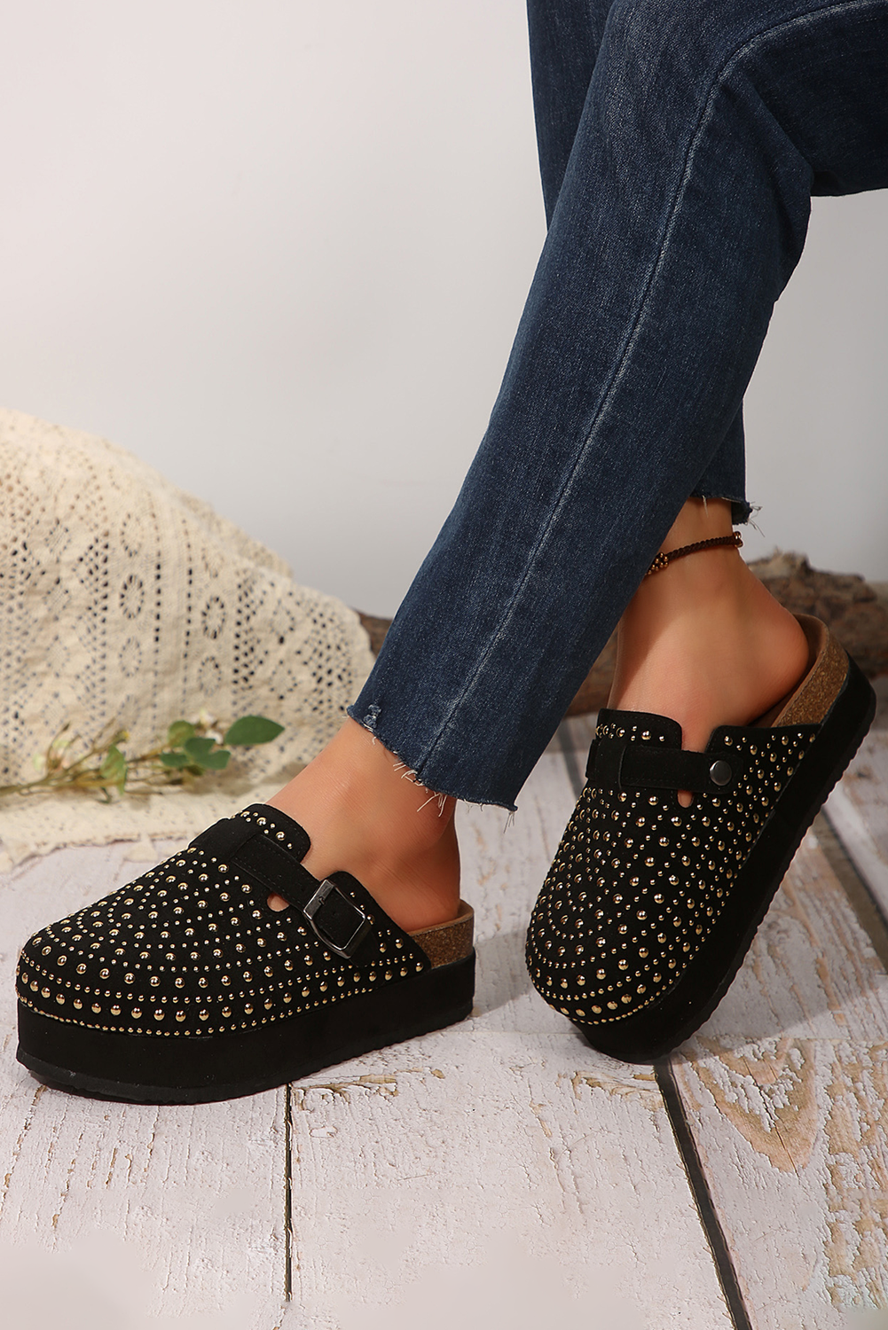 Parchment Rivet Buckle Closed Toe Platform Slippers
