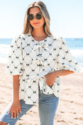 White Bowknot Print Front Knots Bubble Sleeve Blouse