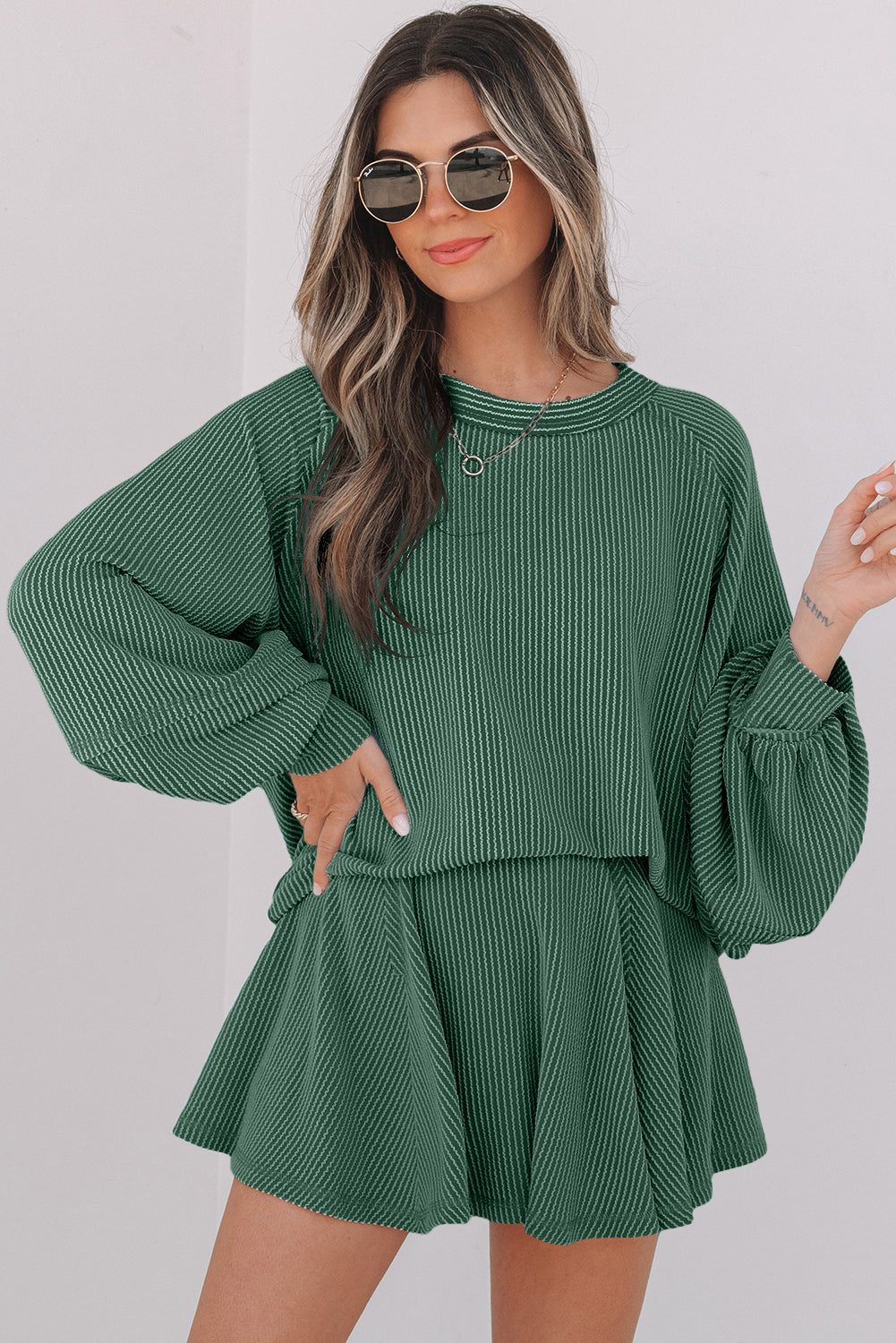 Dark Grey Corded Lantern Sleeve Top High Waist Ruffled Mini Skirt Set