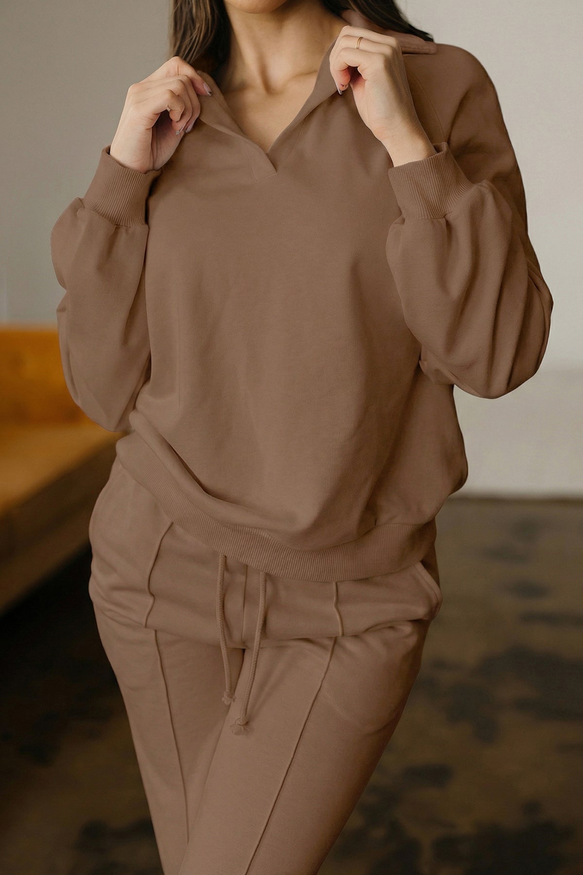 Dark Khaki Polo Collar V Neck Pullover and Drawstring Sweatpants Set