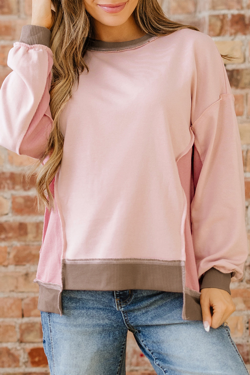 Smoke Green Color Block Mix Texture Waffle Patchwork Oversize Sweatshirt