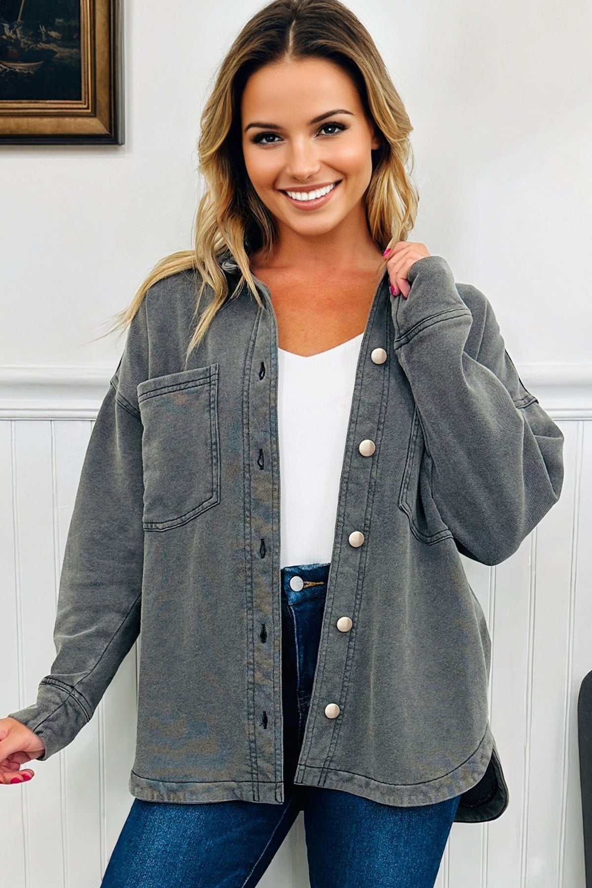 Medium Grey Mineral Wash Chest Pockets Drop Shoulder Shacket with Side Slit