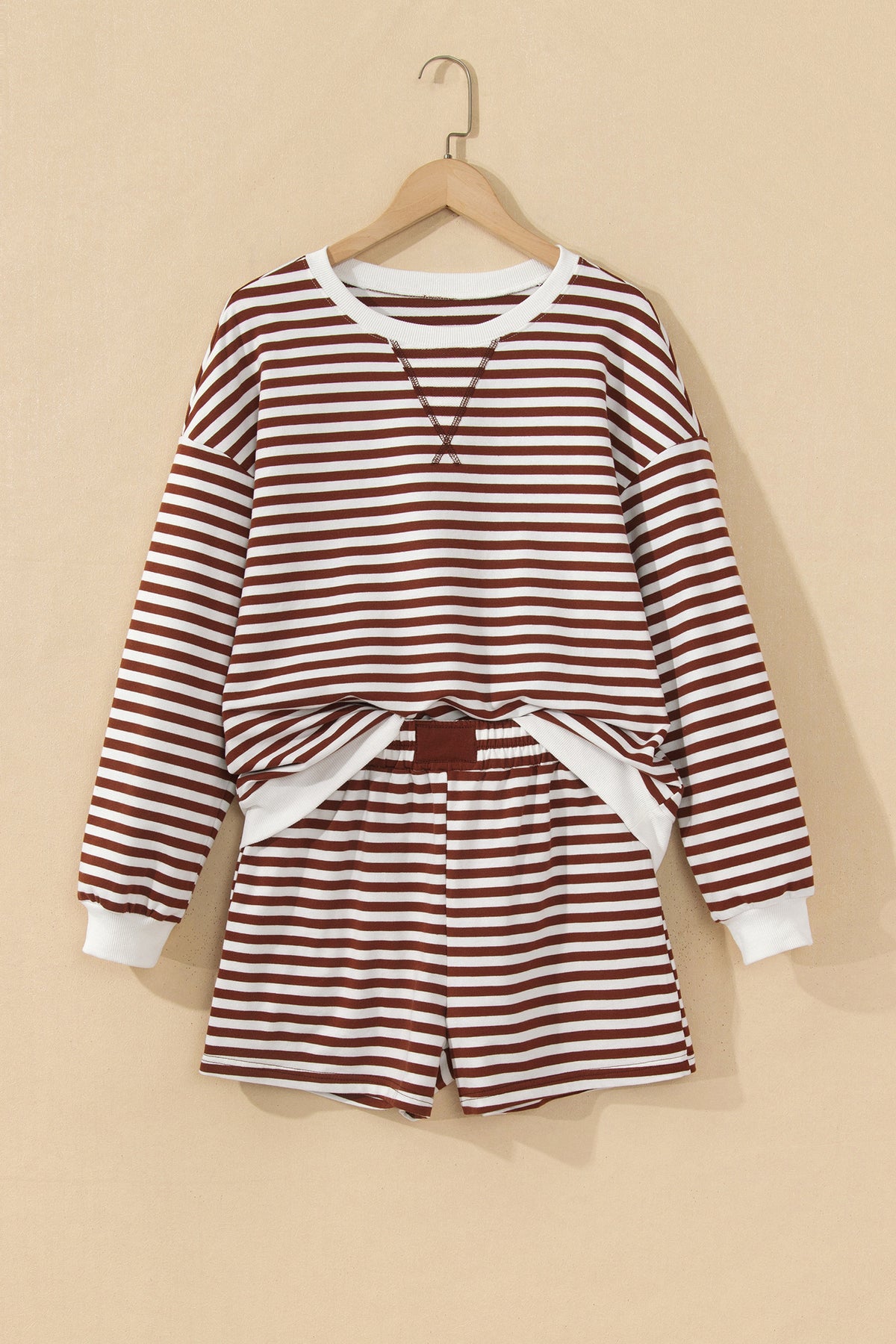 Grapefruit Orange Drop Shoulder Long Sleeve Pullover Elastic Waist Casual Short Set
