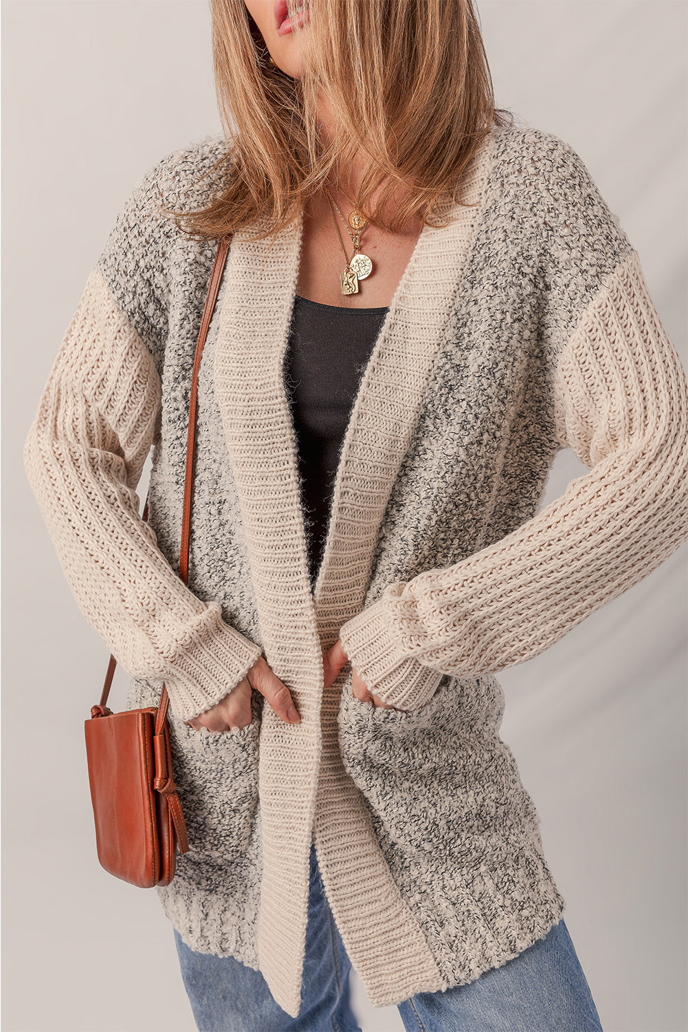 Color Block Side Pockets Open Front Cardigan