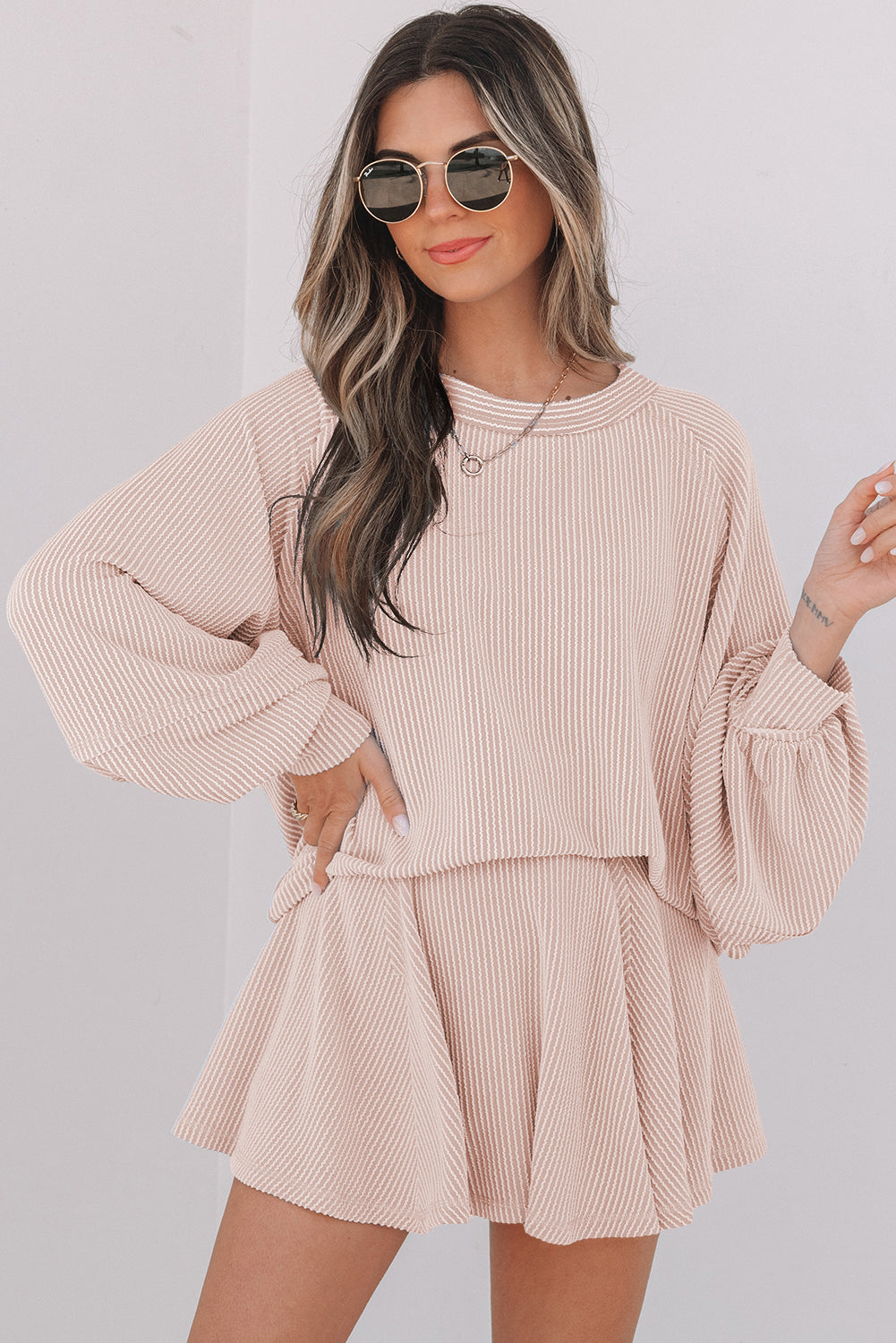 Dark Grey Corded Lantern Sleeve Top High Waist Ruffled Mini Skirt Set