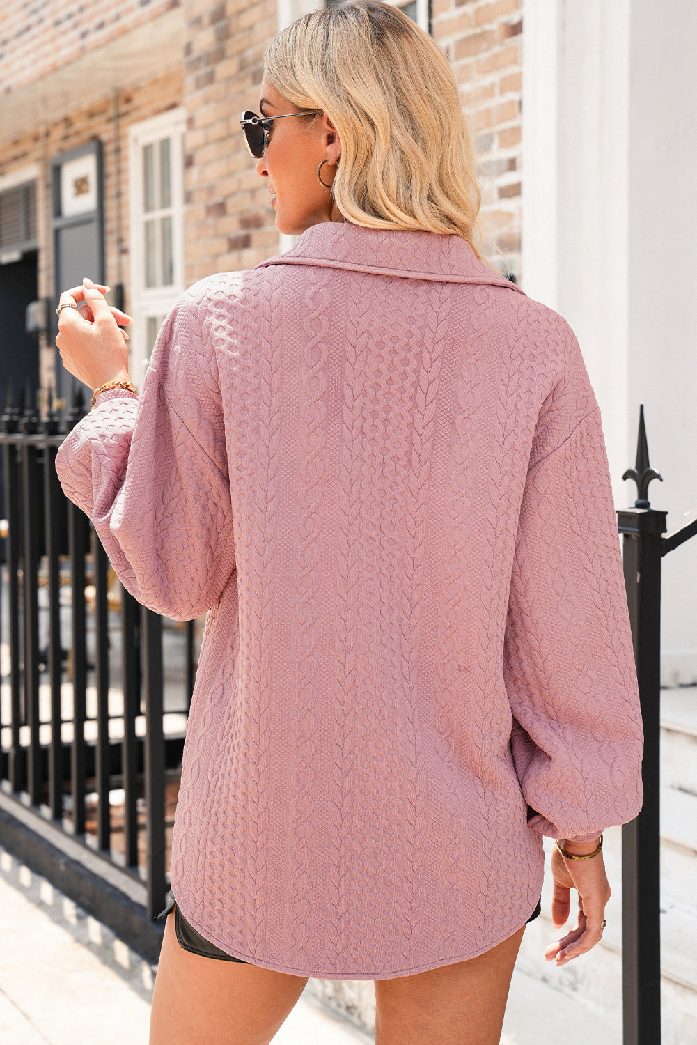 Camel Cable Texture Puff Sleeve Loose Shacket