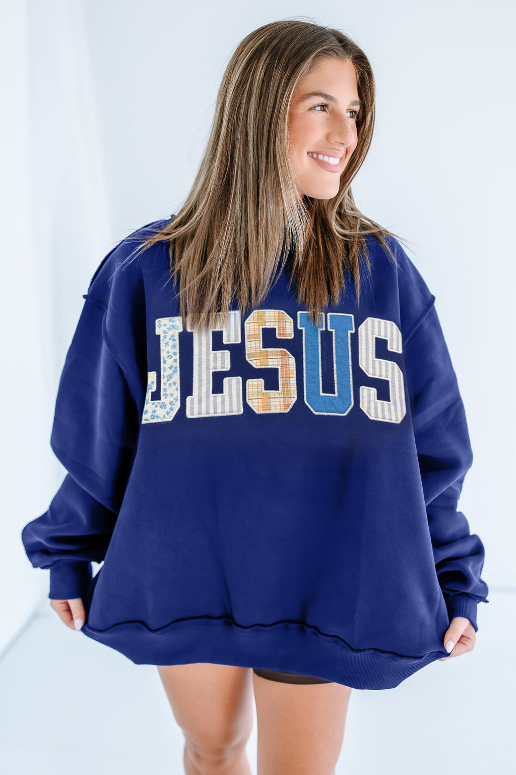 Coffee WWJD Mixed Pattern Embroidered Patch Graphic Mock Neck Sweatshirt