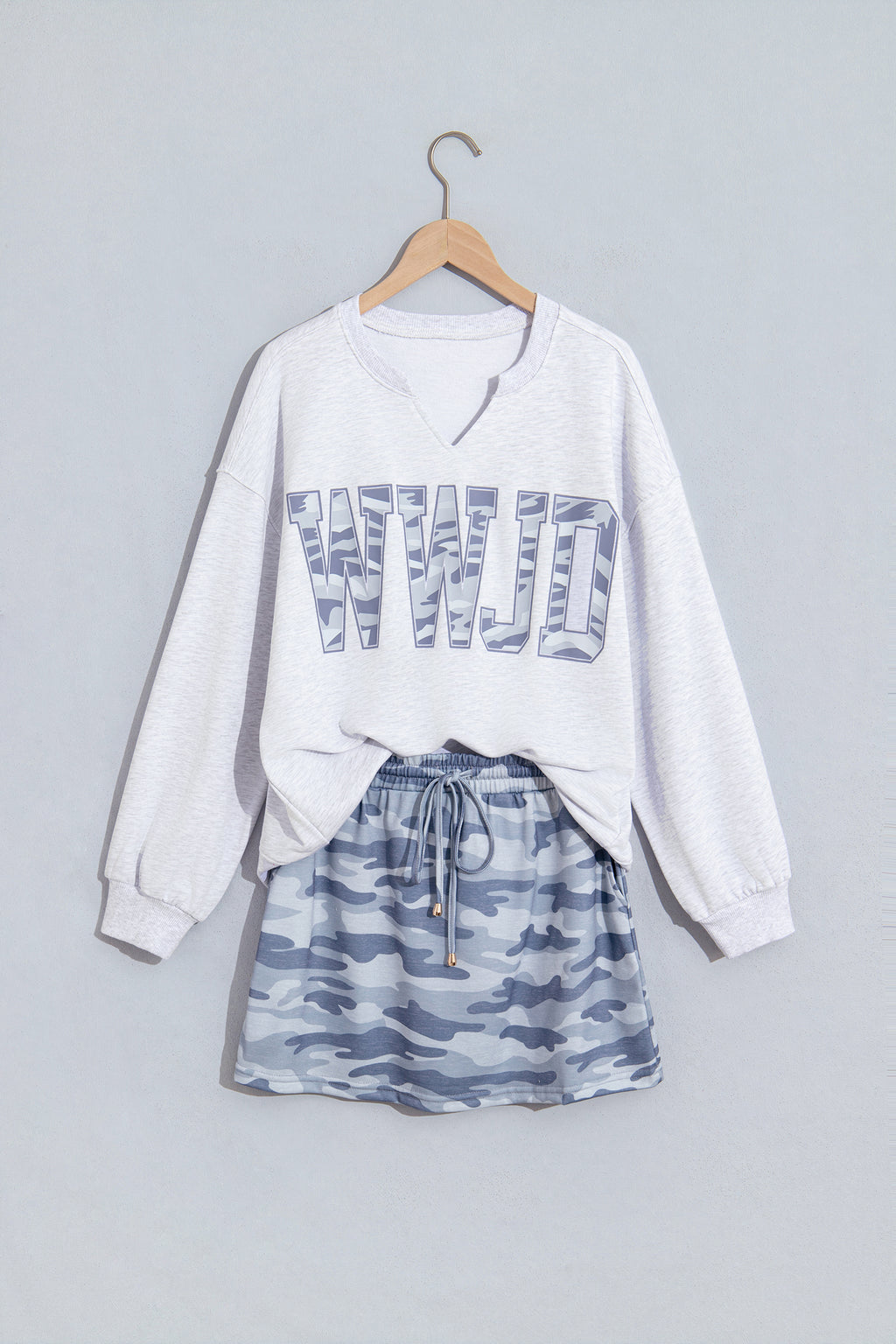 Gray Camo Letter Print Lounge Long Sleeve Top Skort 2pcs Set
