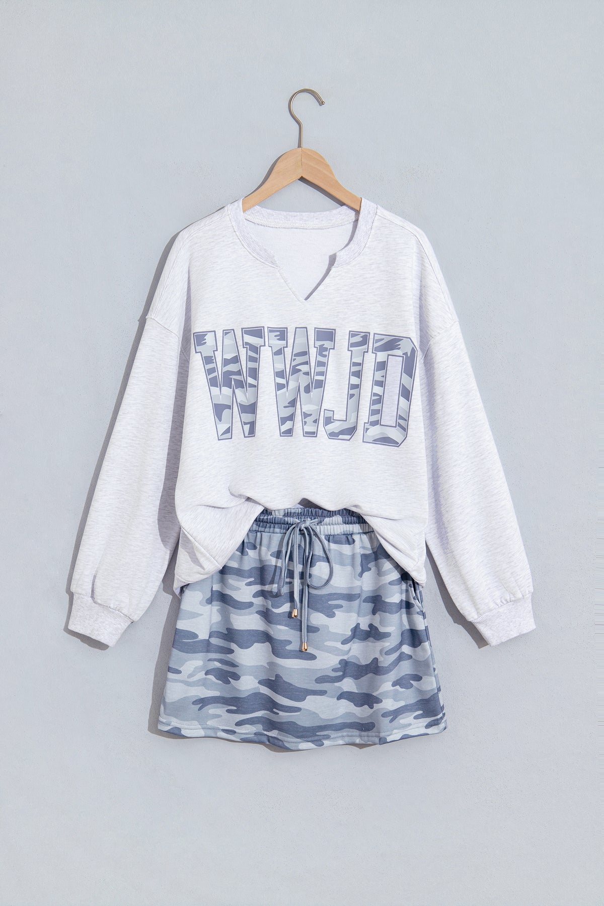 Gray Camo Letter Print Lounge Long Sleeve Top Skort 2pcs Set