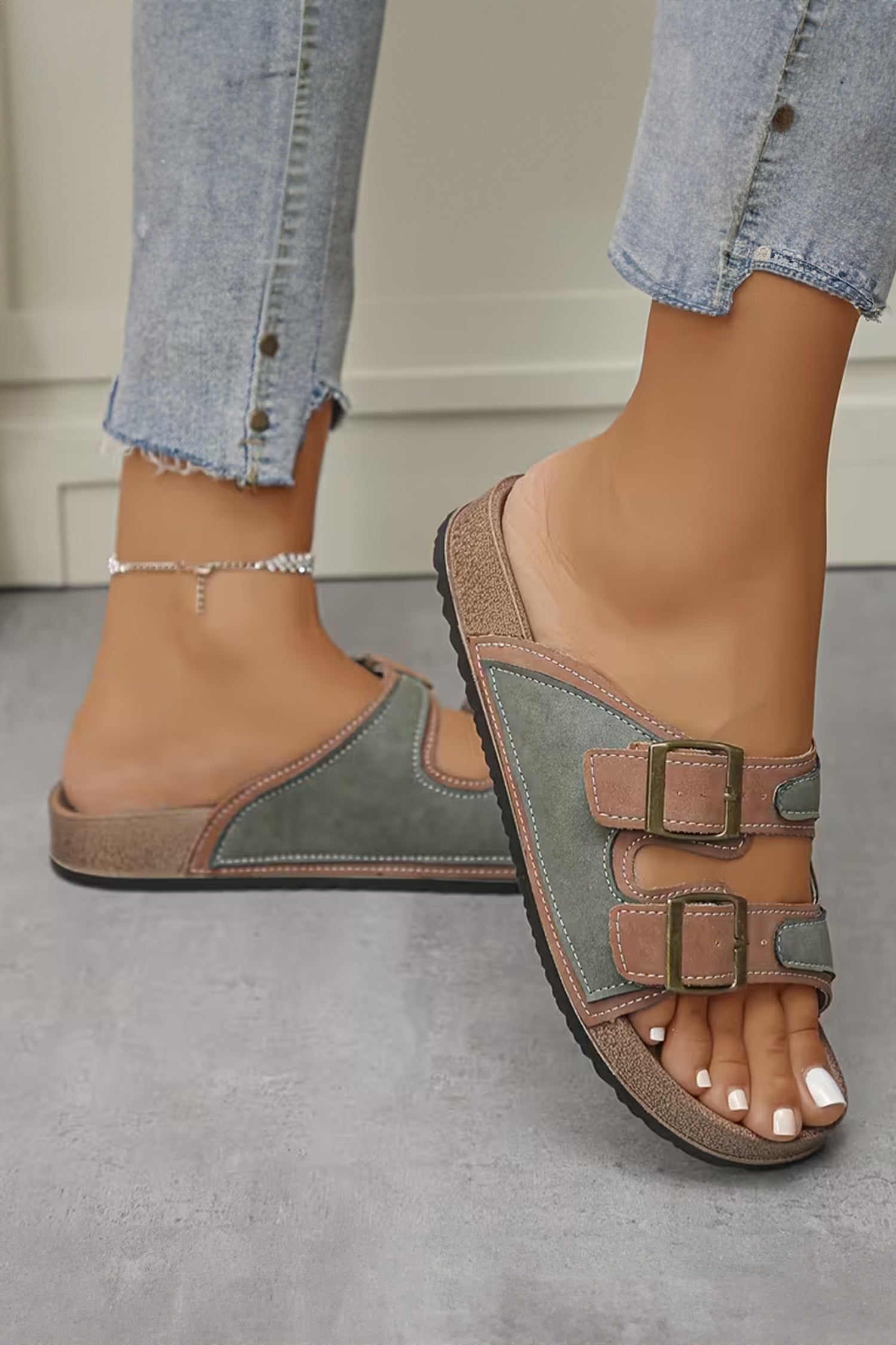 Dusk Blue Embroidered Trim Retro Buckle Faux Suede Slippers