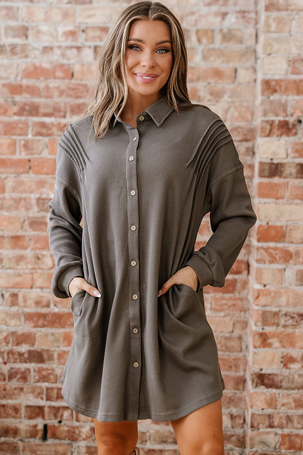 Simply Taupe Waffle Knit Shirt Tunic Dress