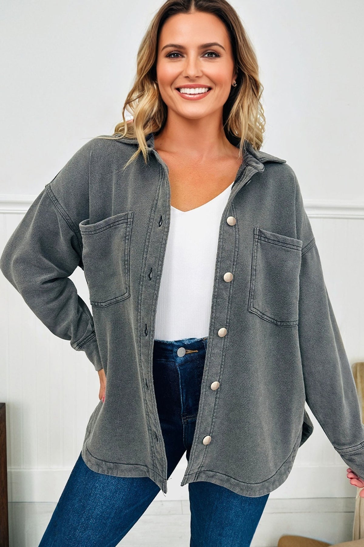Medium Grey Mineral Wash Chest Pockets Drop Shoulder Shacket with Side Slit